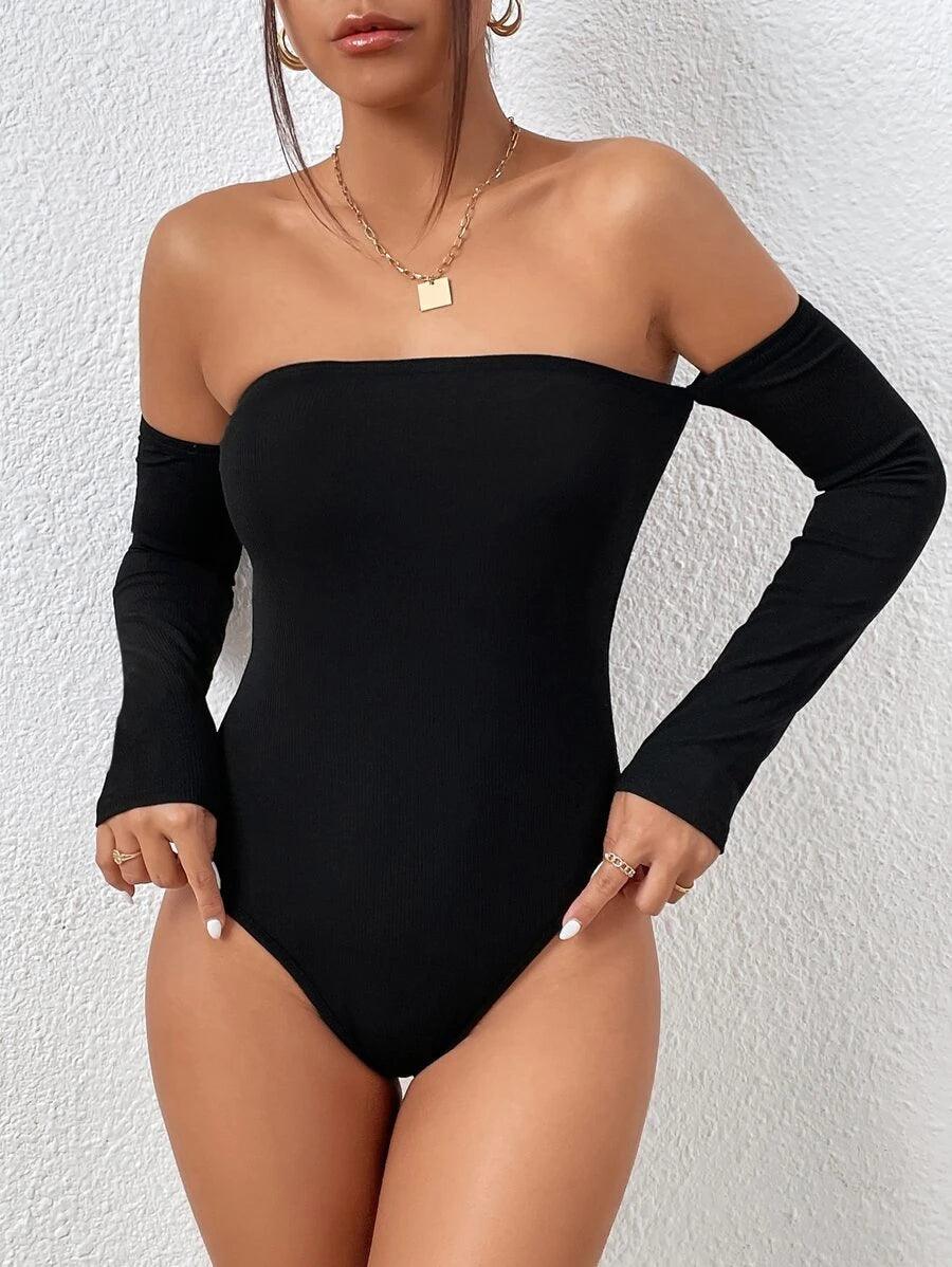 Off Shoulder Slim Fit Bodysuit-Comfy Jumpsuits