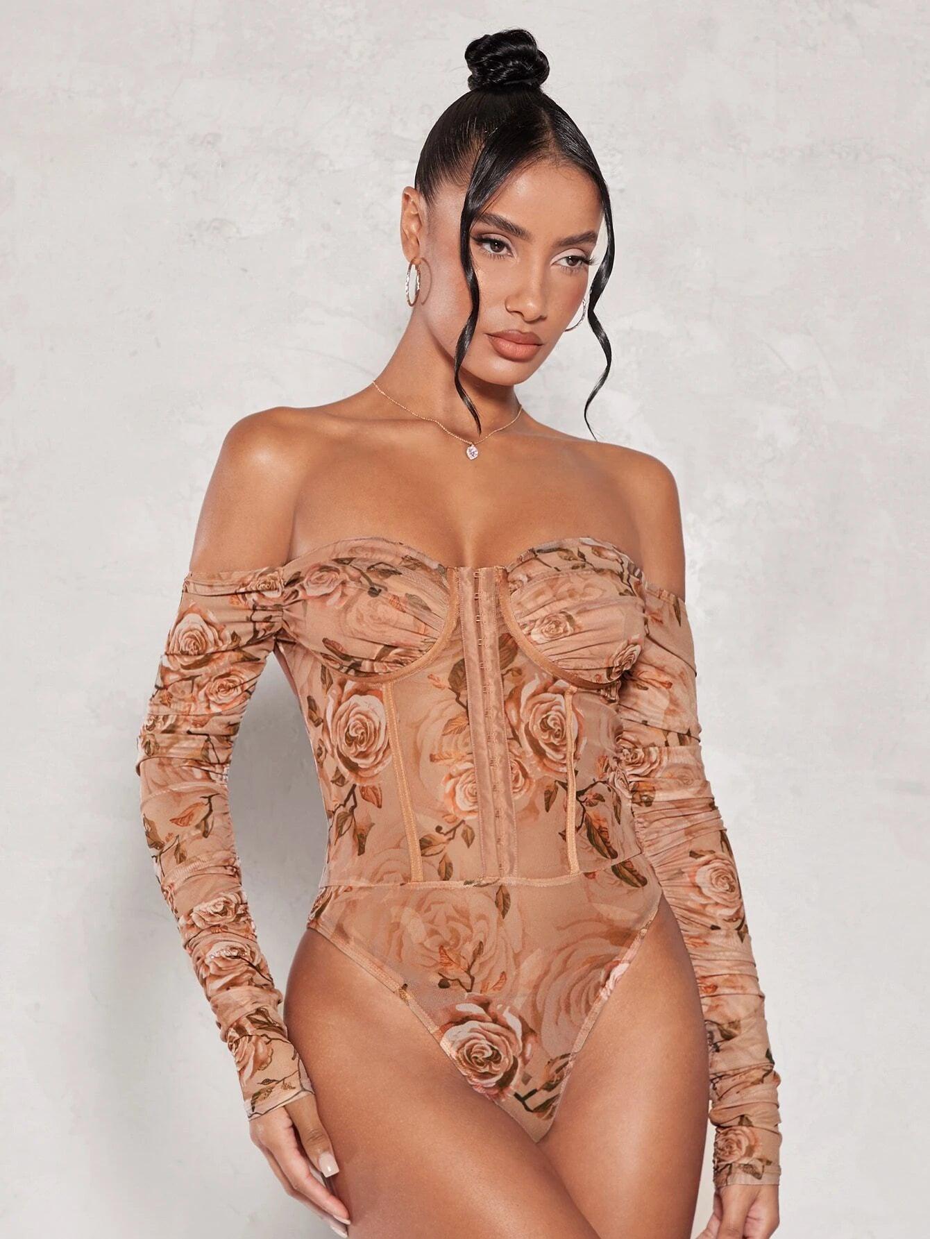 Floral Print Off Shoulder Mesh Bodysuit-Comfy Jumpsuits