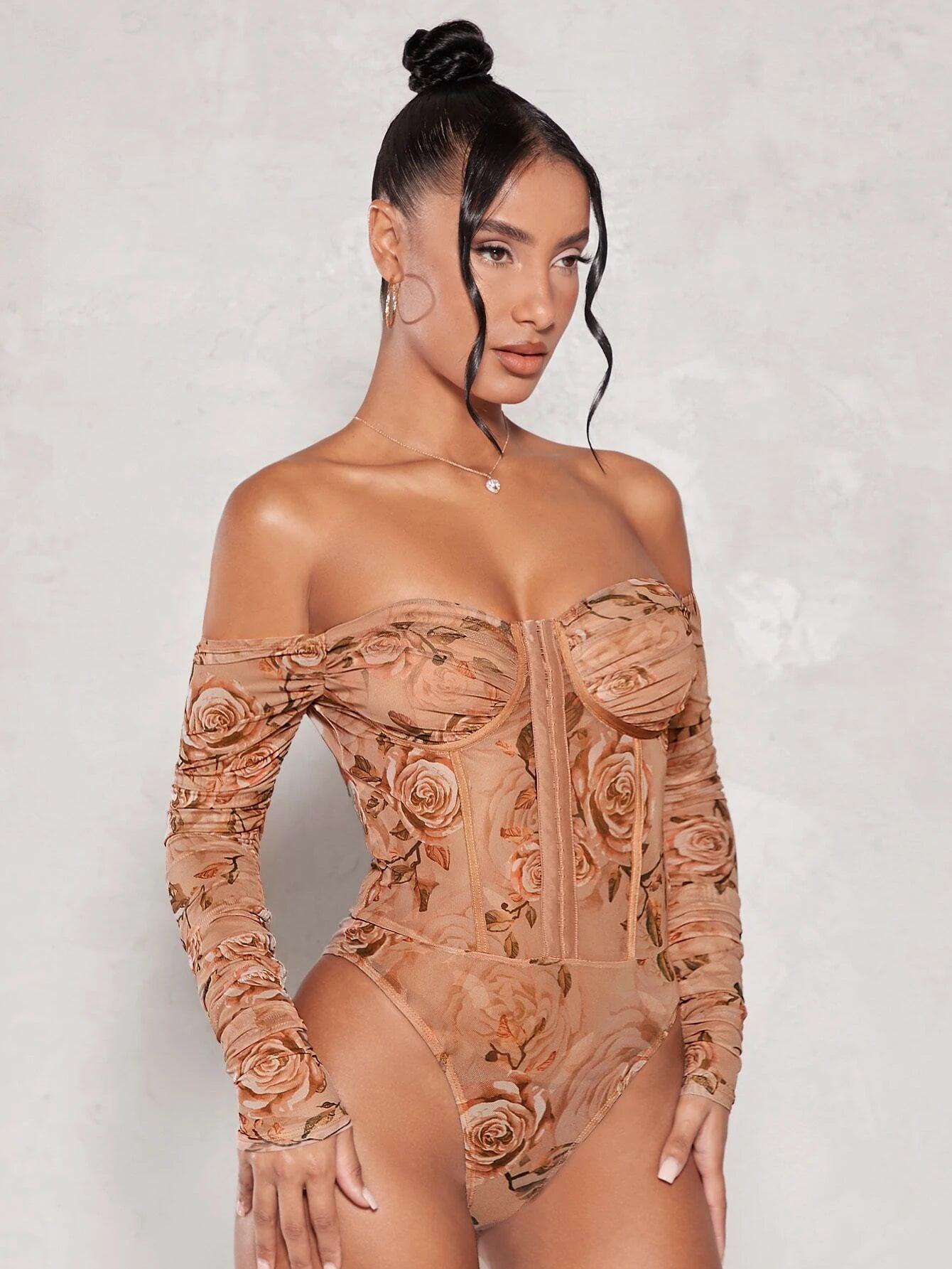 Floral Print Off Shoulder Mesh Bodysuit-Comfy Jumpsuits