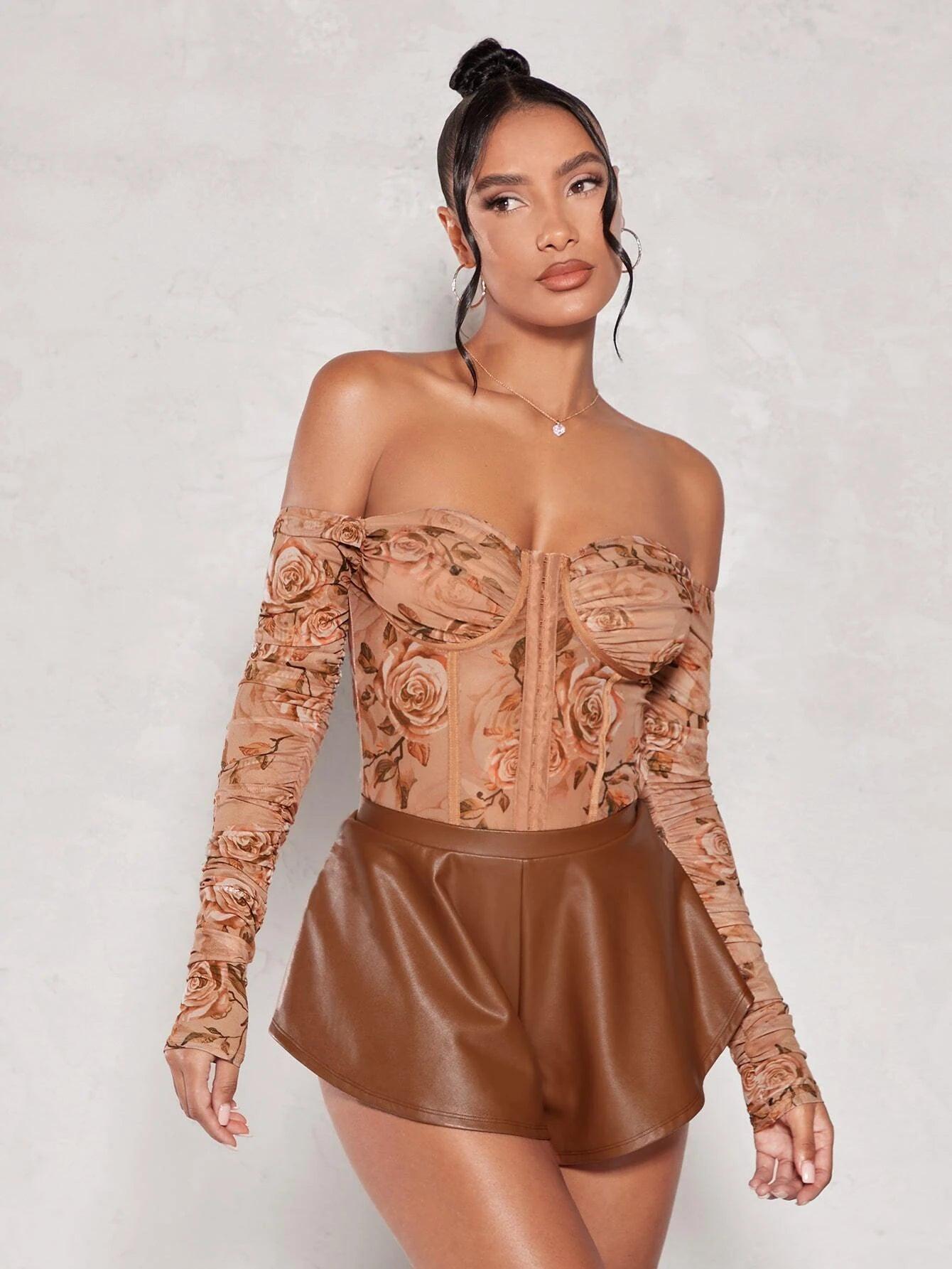 Floral Print Off Shoulder Mesh Bodysuit-Comfy Jumpsuits