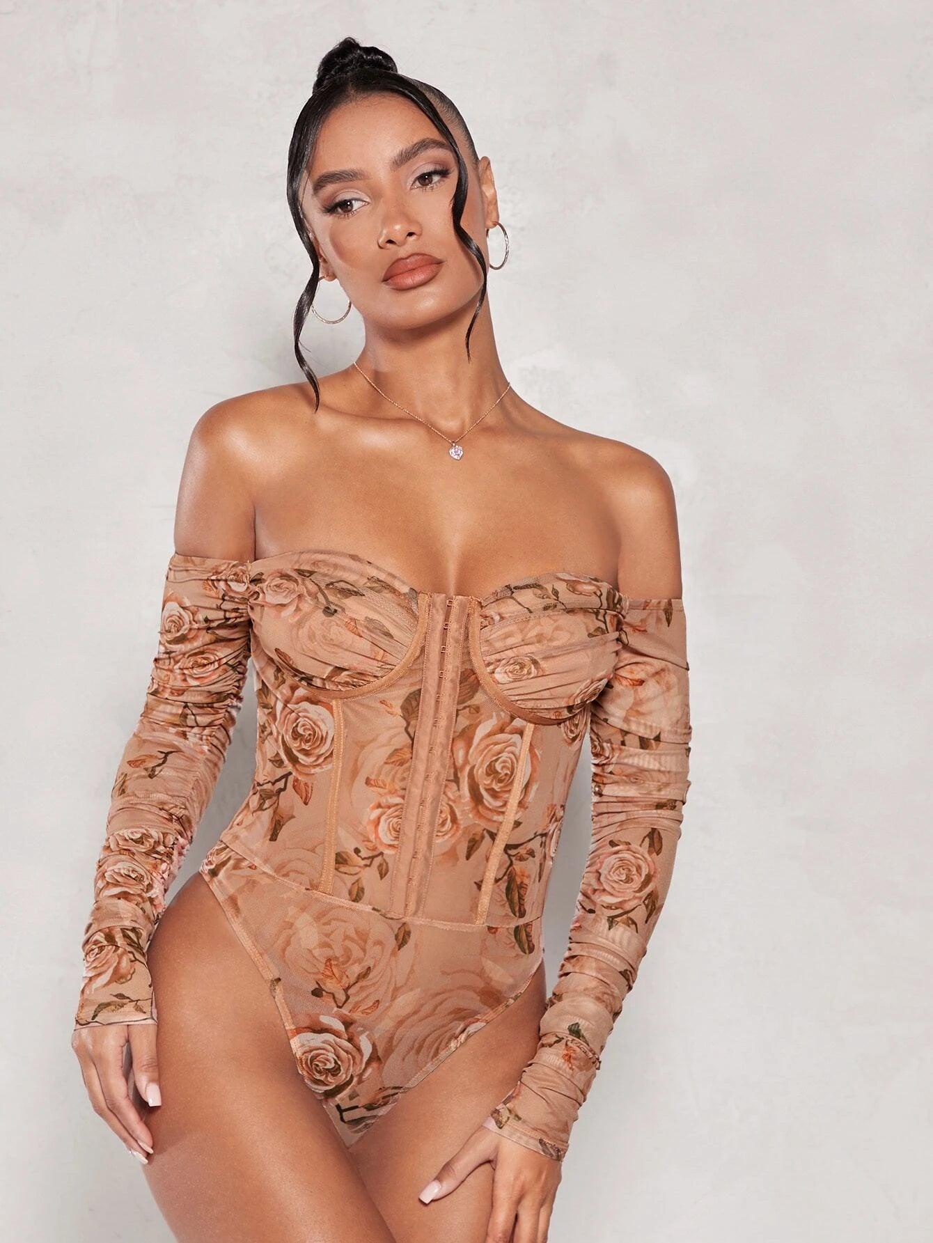Floral Print Off Shoulder Mesh Bodysuit-Comfy Jumpsuits