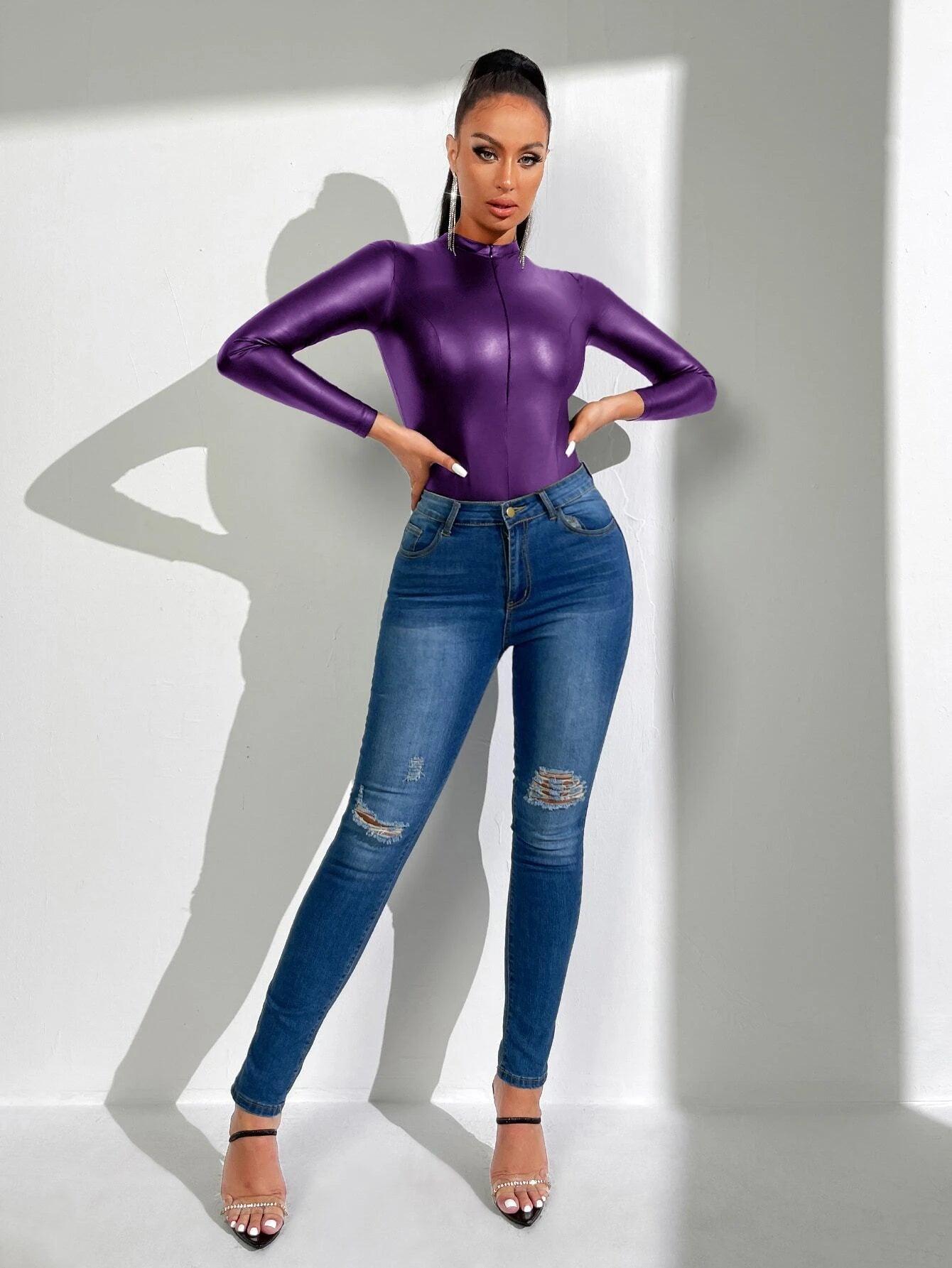 Plunging Neck PU Leather Bodysuit-Comfy Jumpsuits