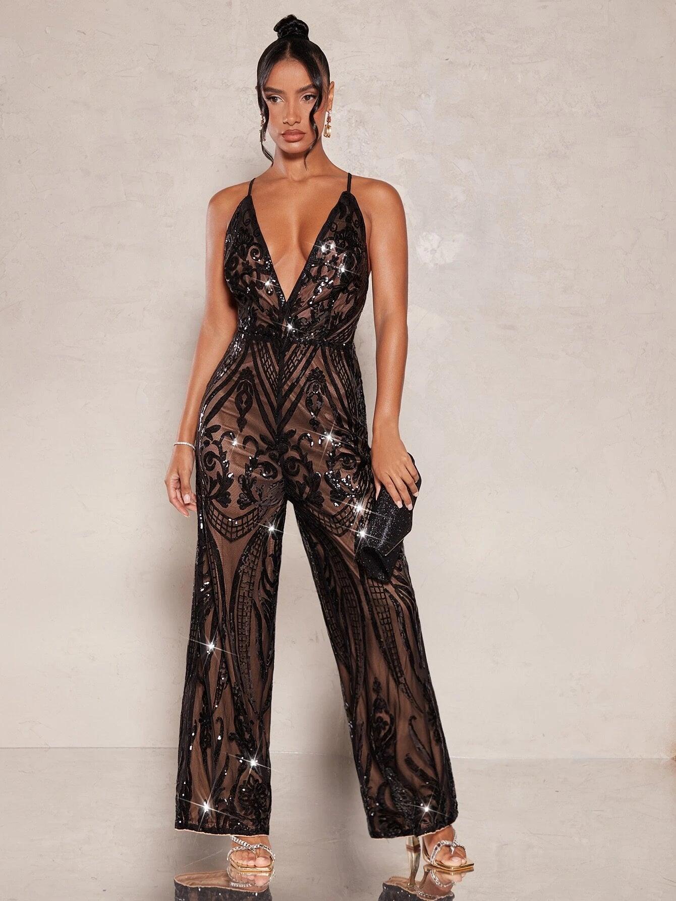 Lace Up Backless Sequin Cami Jumpsuit-Comfy Jumpsuits