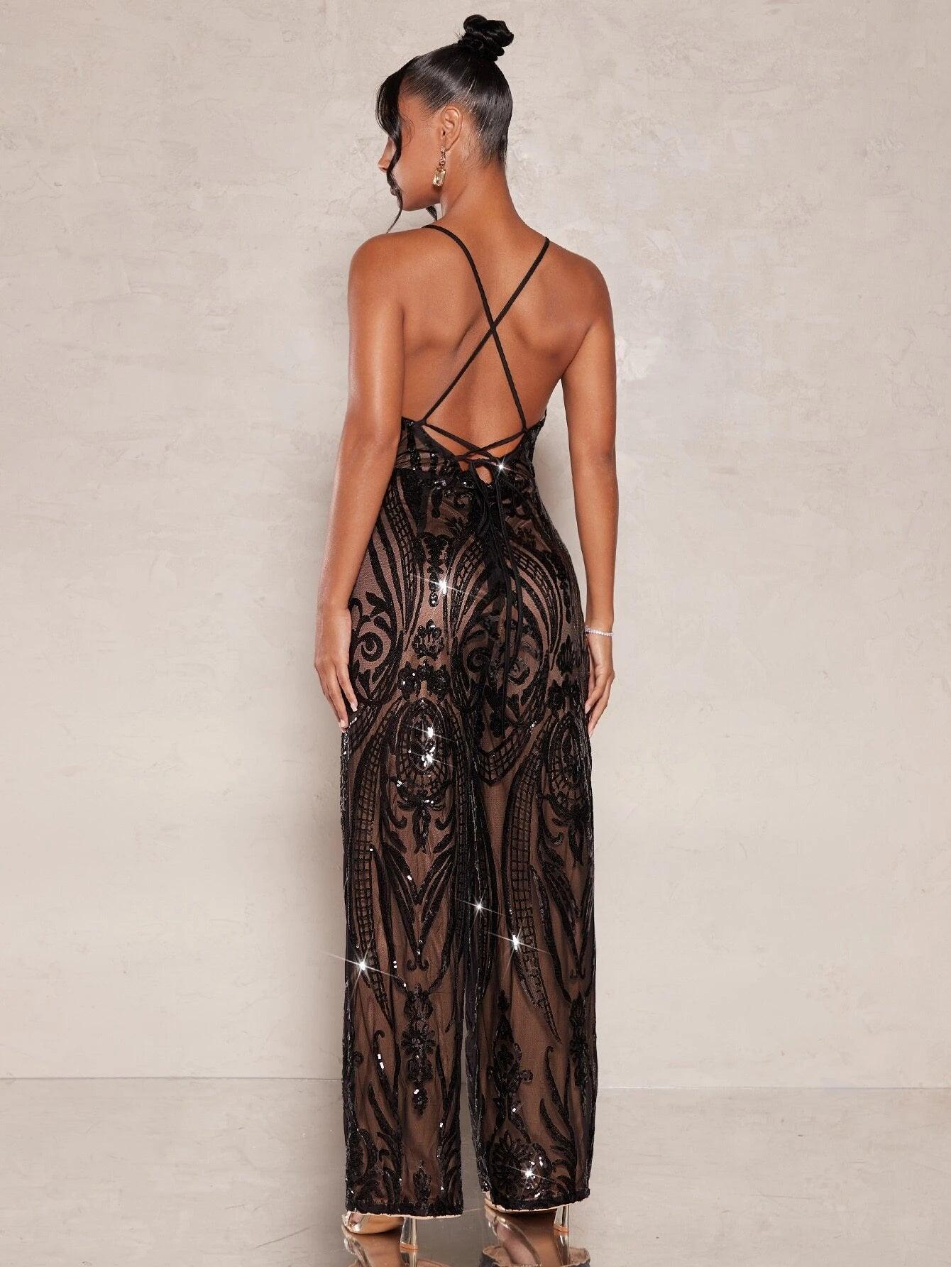 Lace Up Backless Sequin Cami Jumpsuit-Comfy Jumpsuits