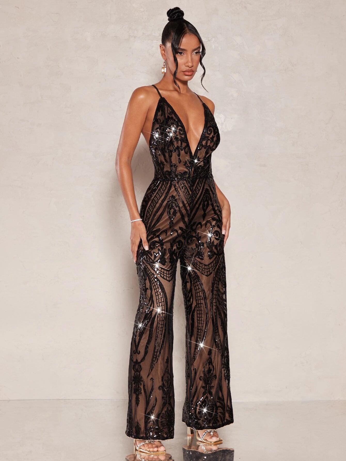 Lace Up Backless Sequin Cami Jumpsuit-Comfy Jumpsuits