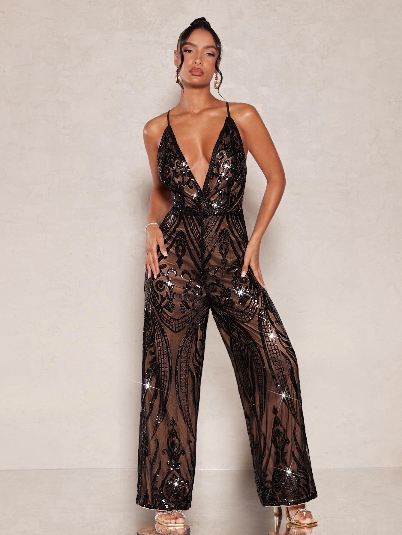 Lace Up Backless Sequin Cami Jumpsuit-Comfy Jumpsuits