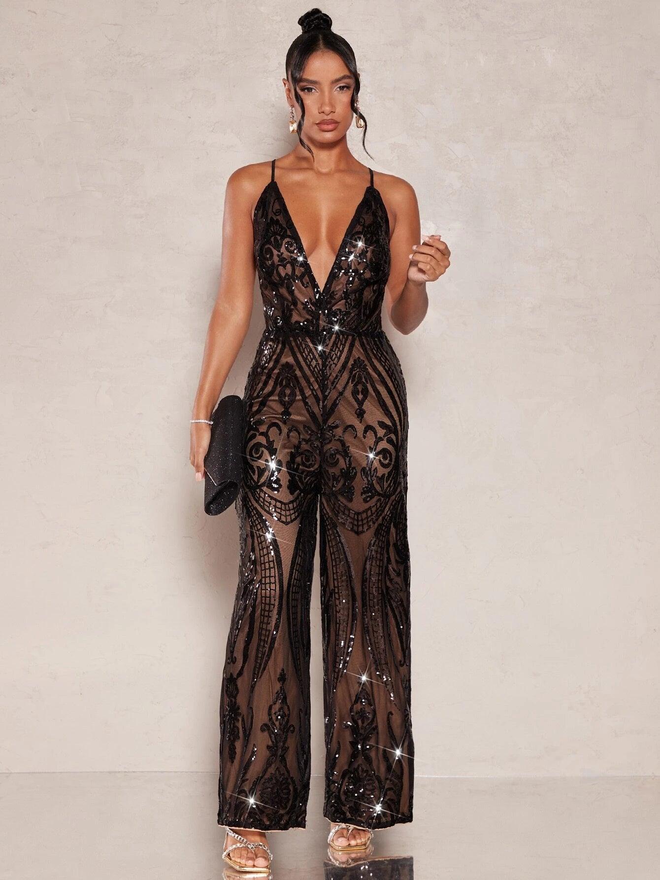 Lace Up Backless Sequin Cami Jumpsuit-Comfy Jumpsuits
