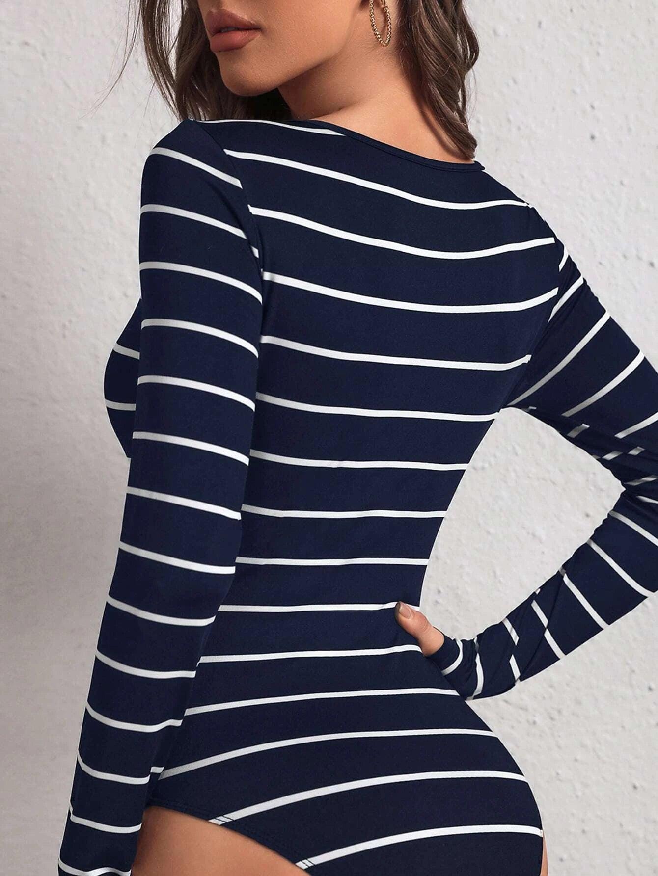 Striped Scoop Neckline Bodysuit-Comfy Jumpsuits