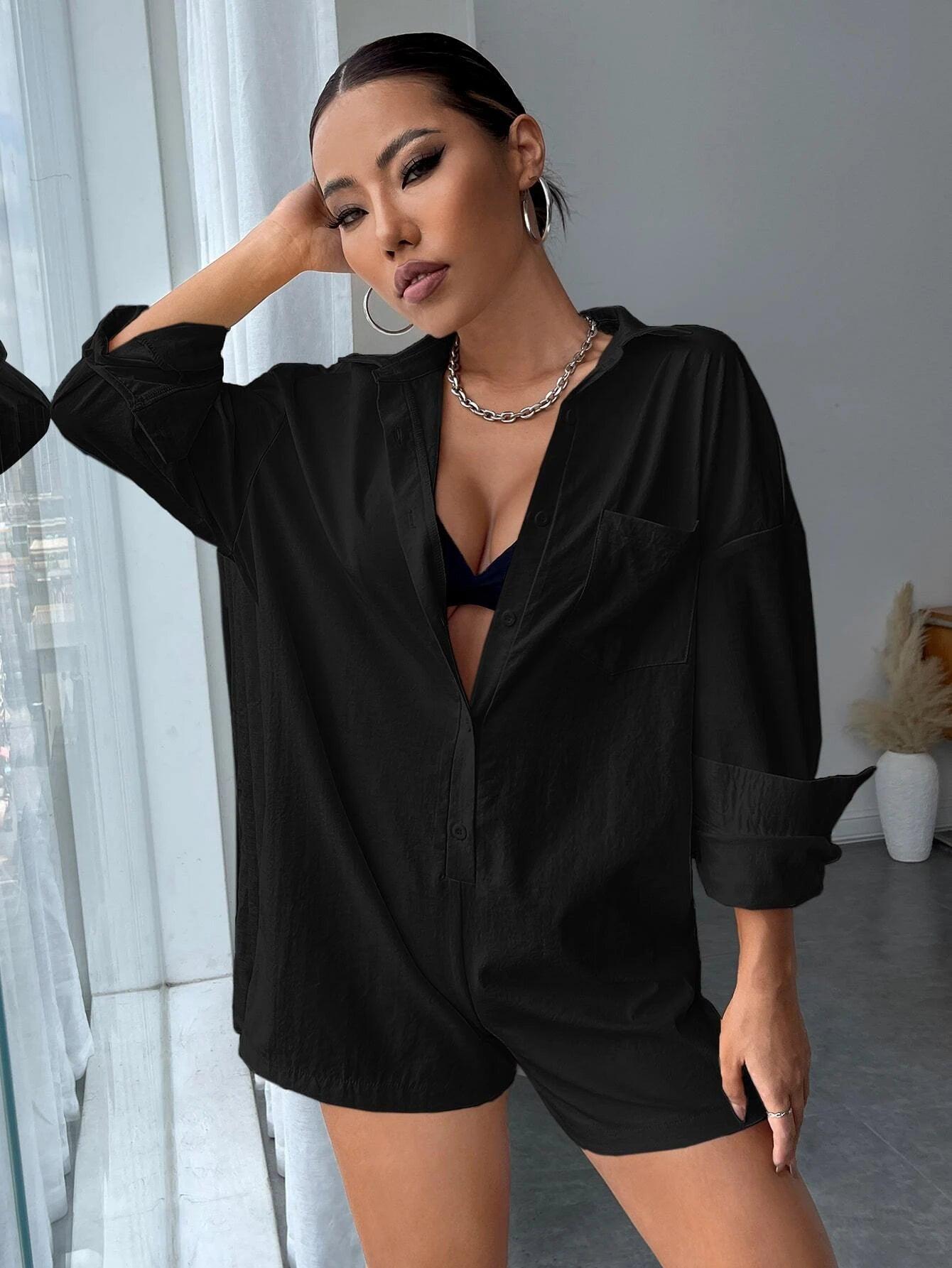 Drop Shoulder Shirt Romper-Comfy Jumpsuits
