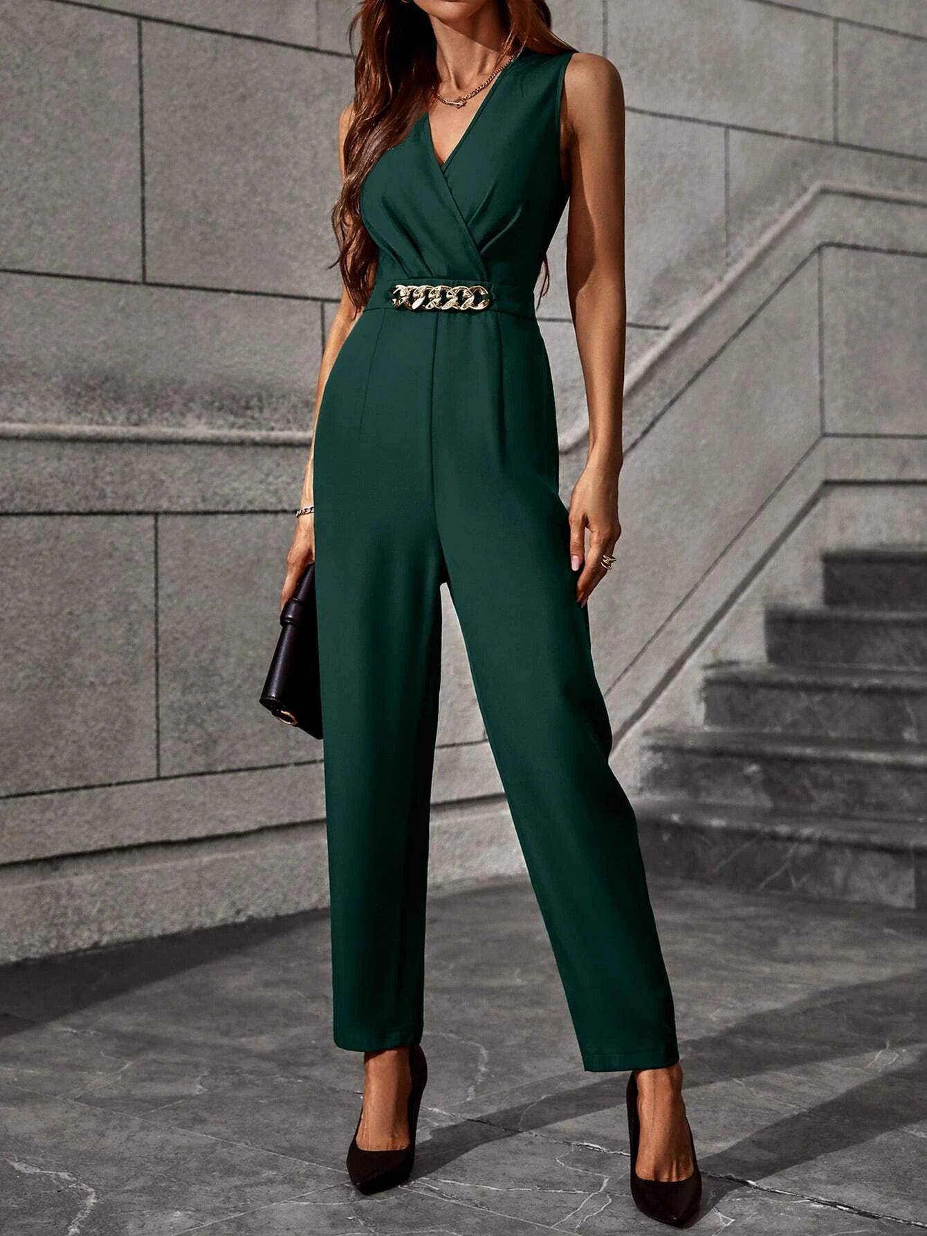 Chain Detail Overlap Collar Jumpsuit-Comfy Jumpsuits