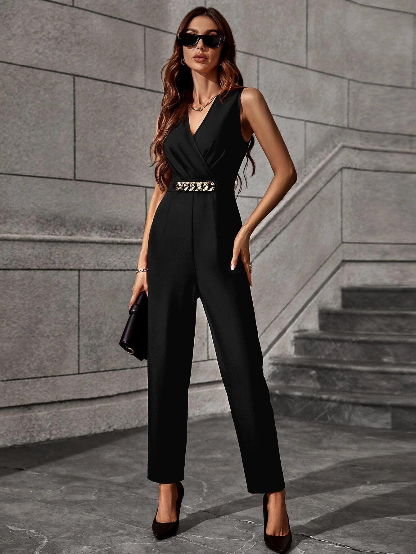 Chain Detail Overlap Collar Jumpsuit-Comfy Jumpsuits