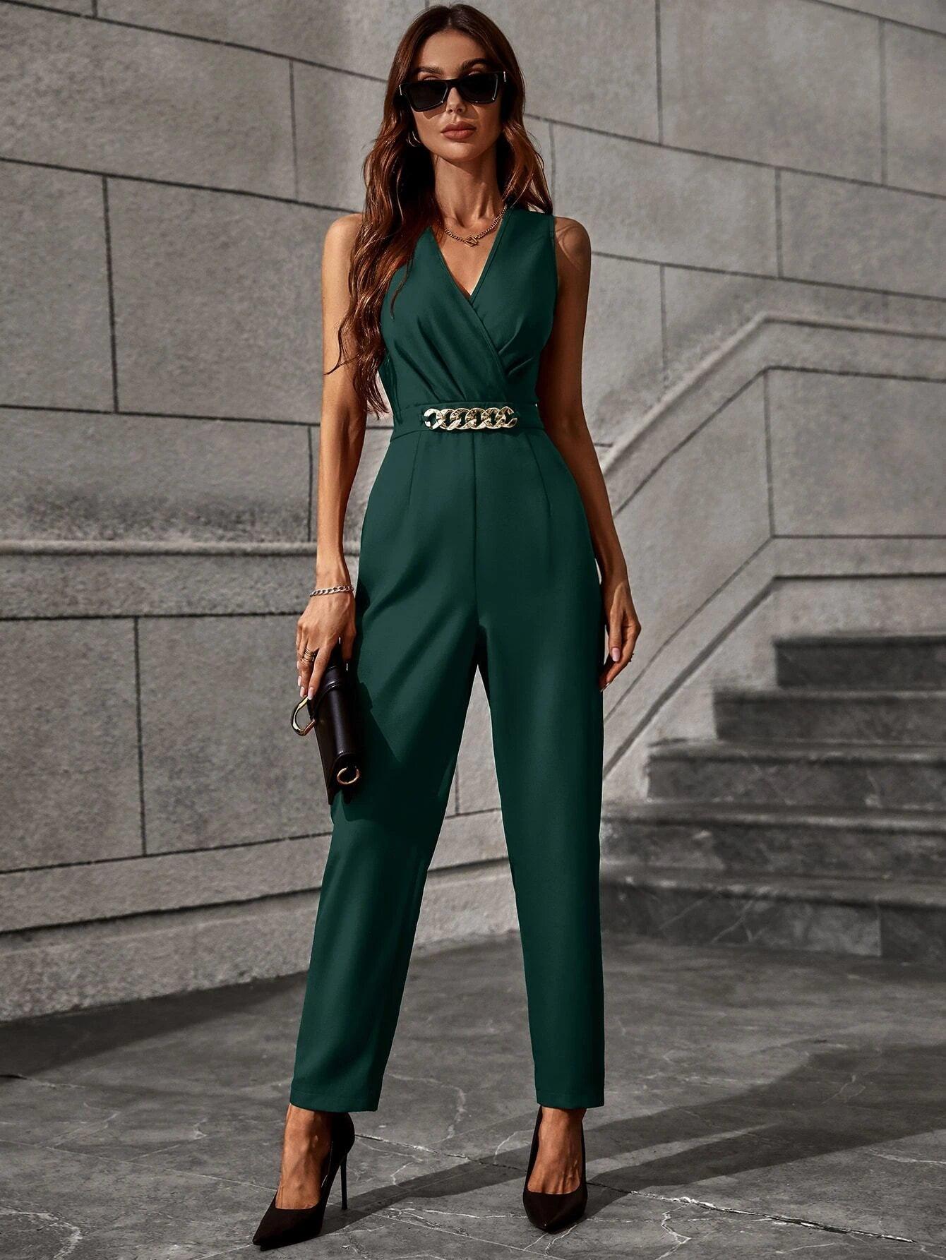 Chain Detail Overlap Collar Jumpsuit-Comfy Jumpsuits