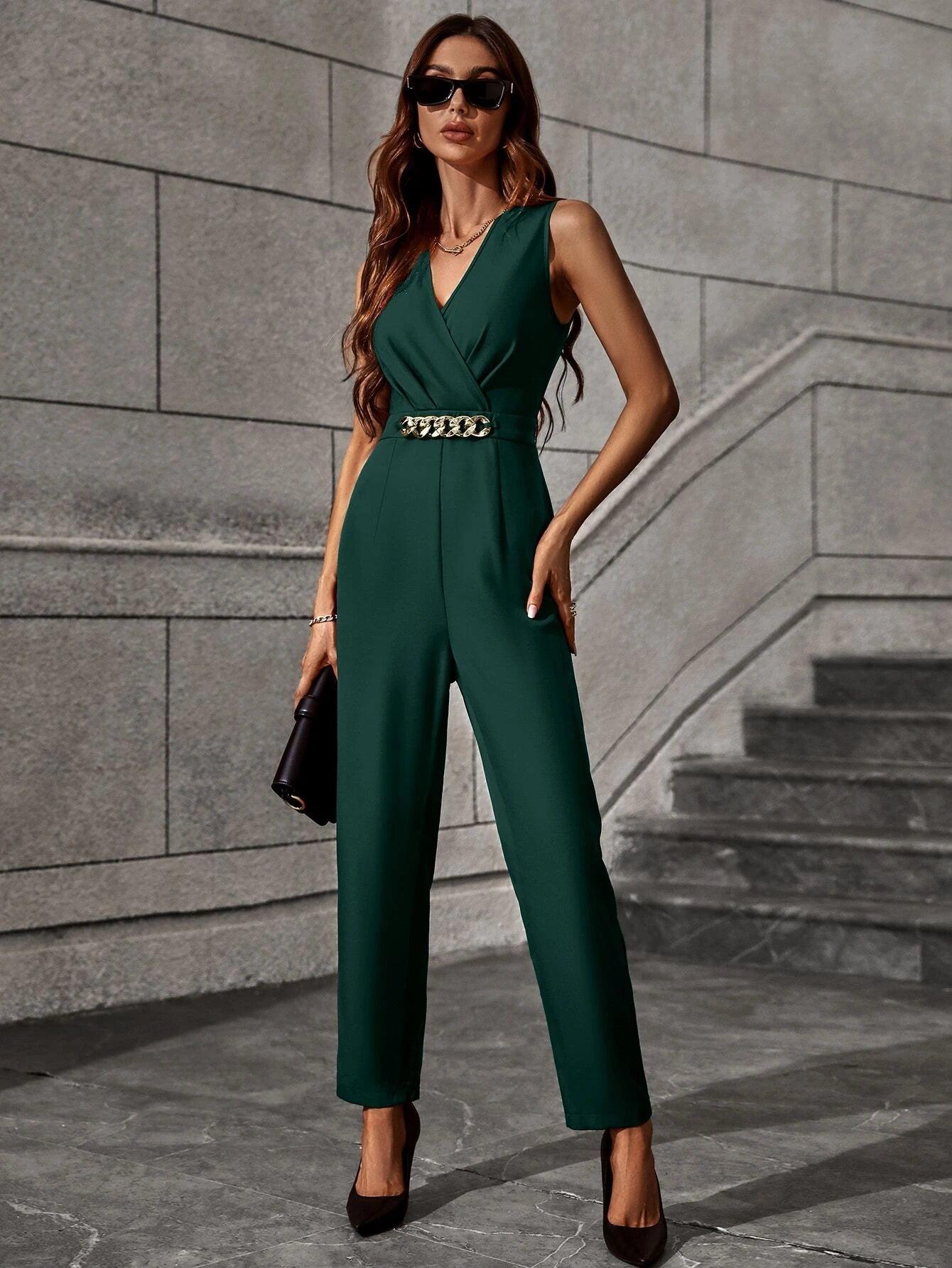 Chain Detail Overlap Collar Jumpsuit-Comfy Jumpsuits