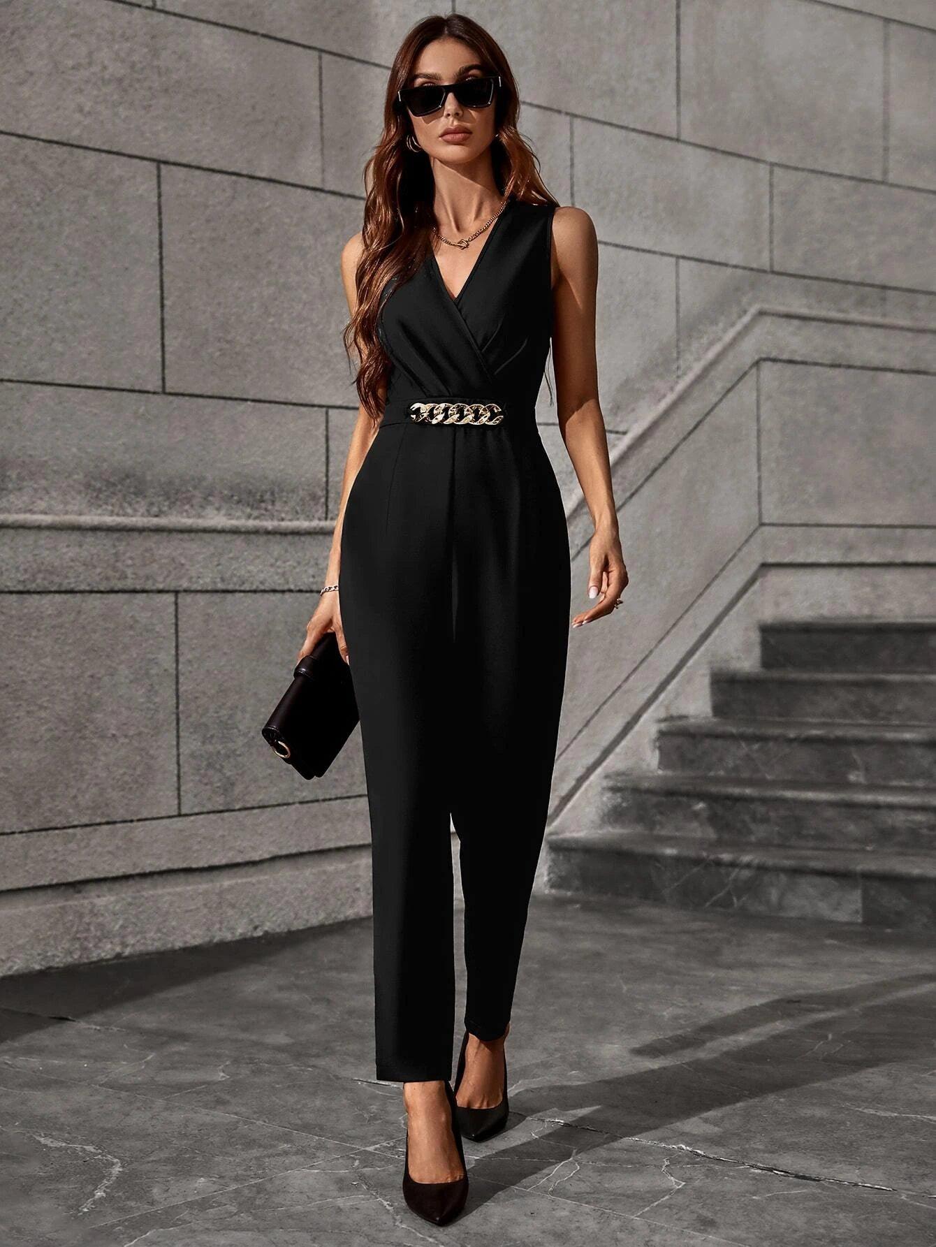 Chain Detail Overlap Collar Jumpsuit-Comfy Jumpsuits