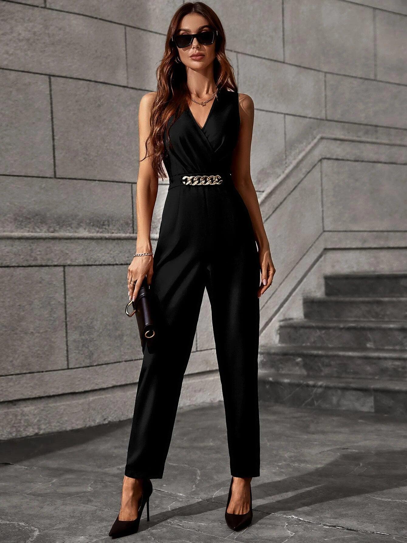 Chain Detail Overlap Collar Jumpsuit-Comfy Jumpsuits
