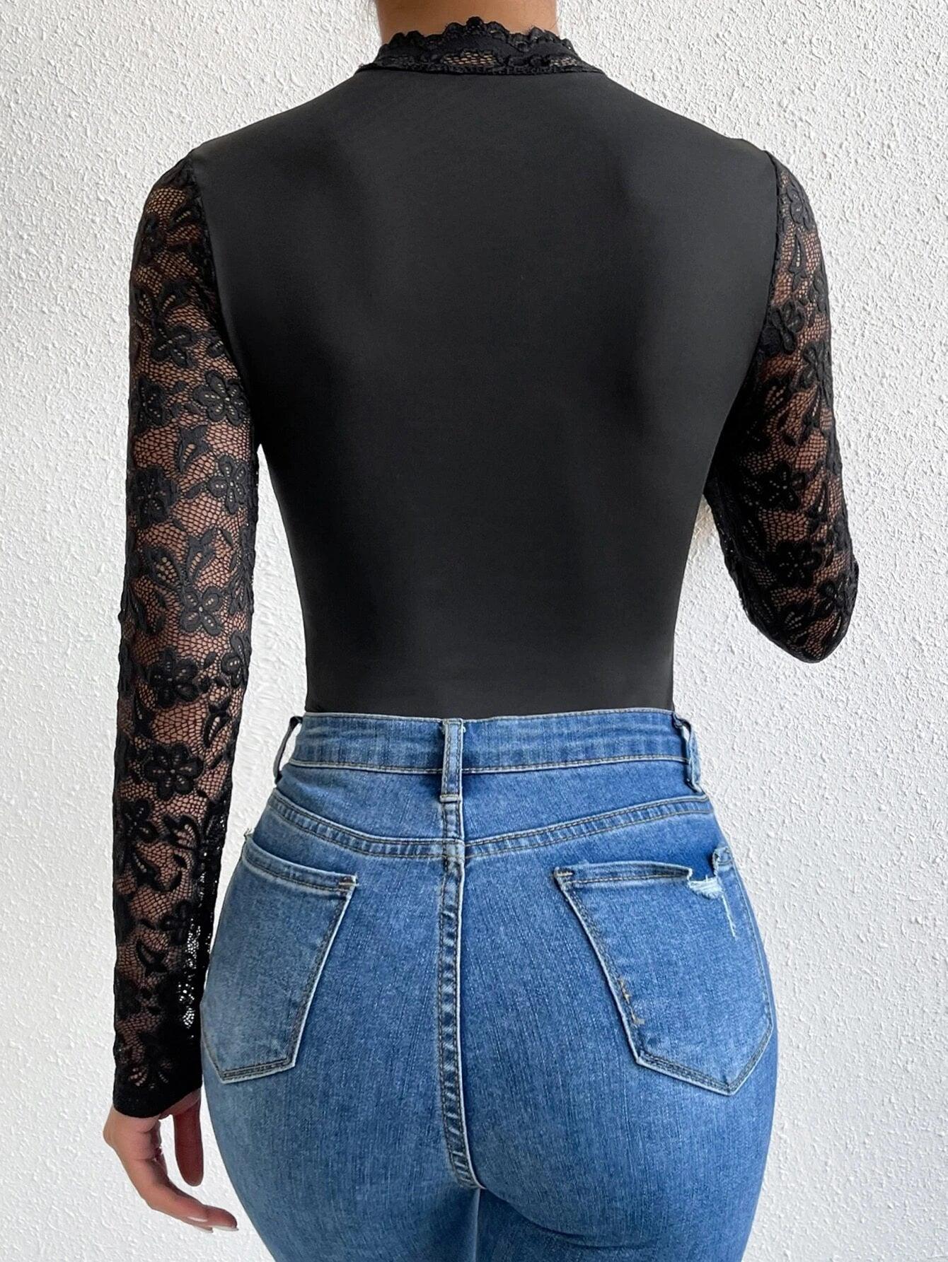 Lace Mock Neck Bodysuit-Comfy Jumpsuits