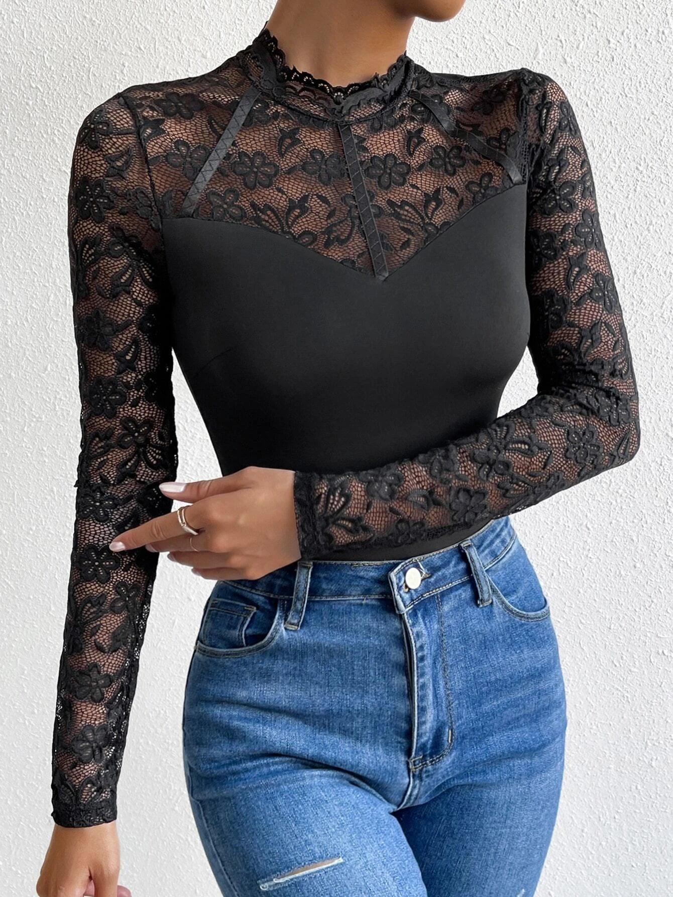 Contrast Lace Mock Neck Bodysuit-Comfy Jumpsuits