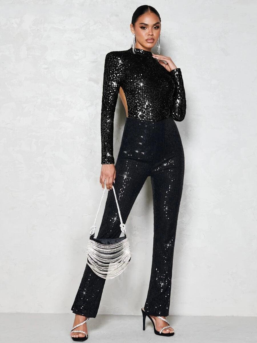 Rhinestone Chain Detail Backless Mock Neck Sequin Bodysuit-Comfy Jumpsuits