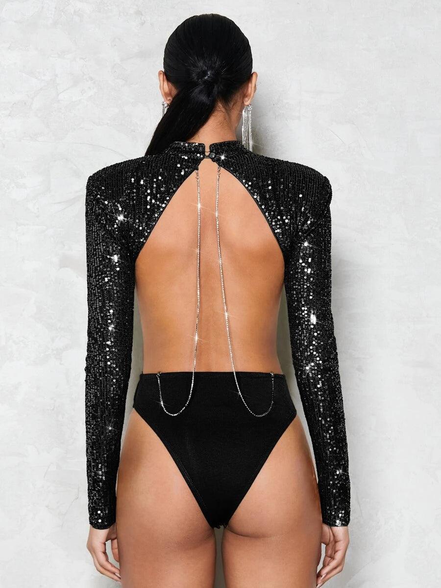 Rhinestone Chain Detail Backless Mock Neck Sequin Bodysuit-Comfy Jumpsuits