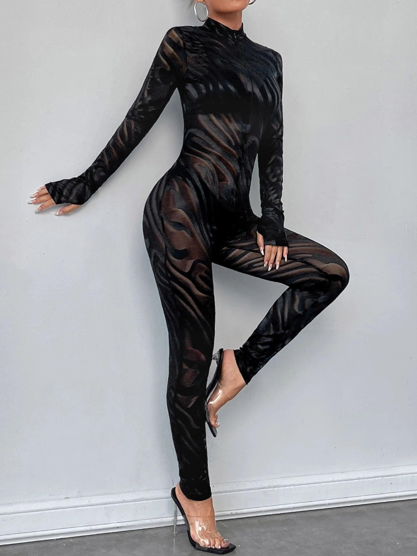 Striped Patterned Long Sleeve Unitard Jumpsuit-Comfy Jumpsuits