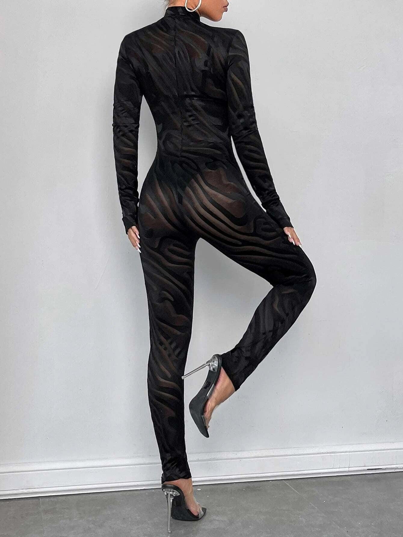 Striped Patterned Long Sleeve Unitard Jumpsuit-Comfy Jumpsuits