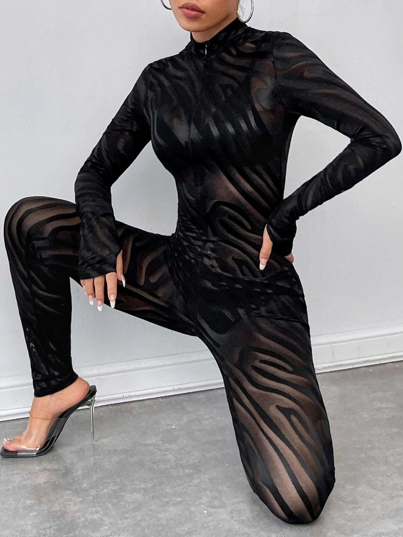 Striped Patterned Long Sleeve Unitard Jumpsuit-Comfy Jumpsuits