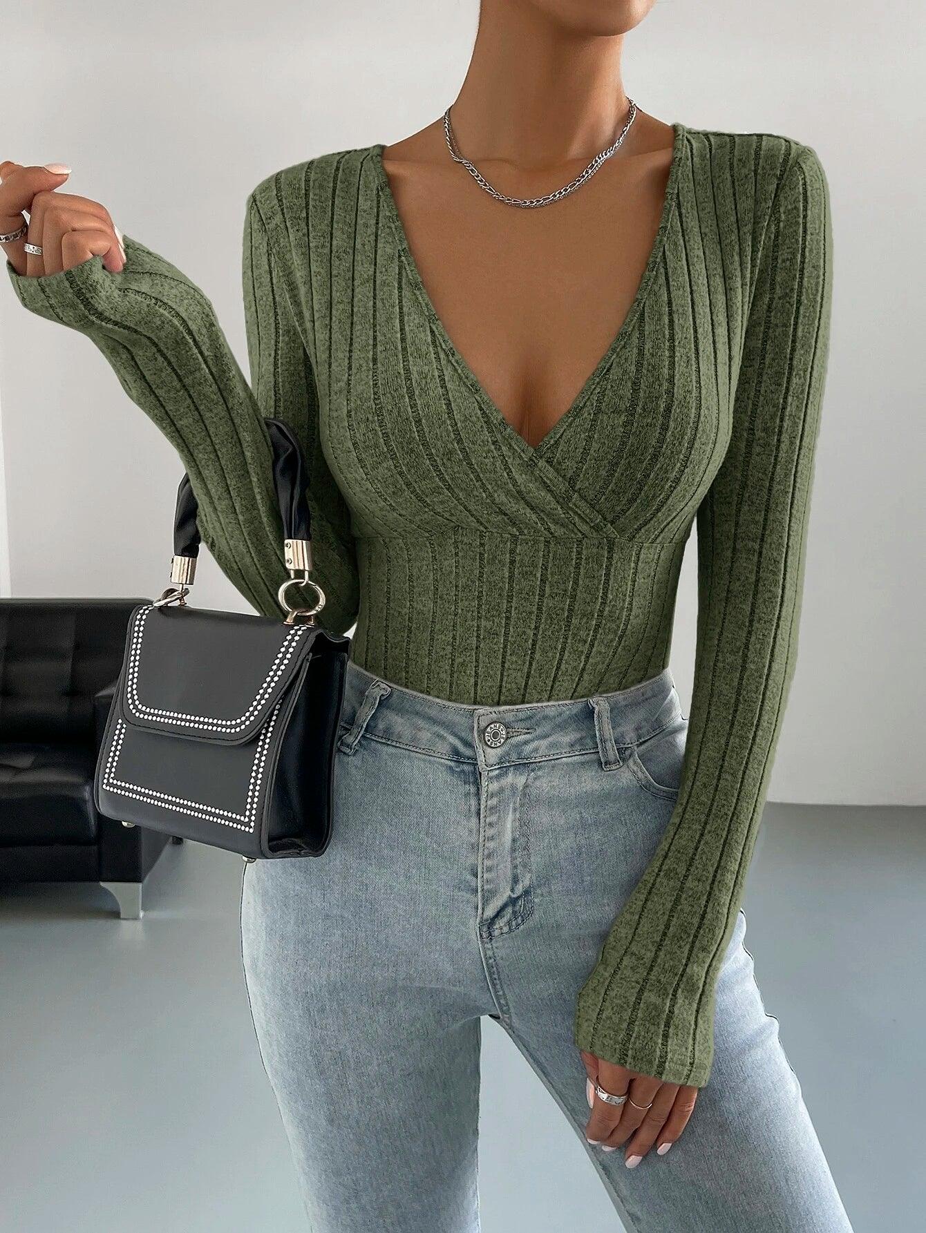 Surplice Neck Ribbed Knit Bodysuit-Comfy Jumpsuits