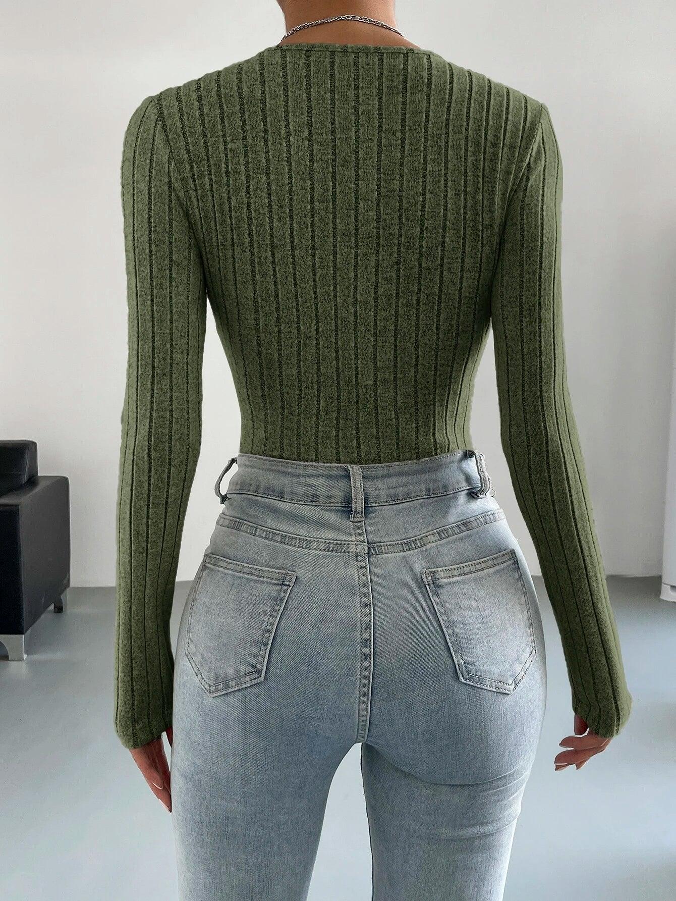 Surplice Neck Ribbed Knit Bodysuit-Comfy Jumpsuits