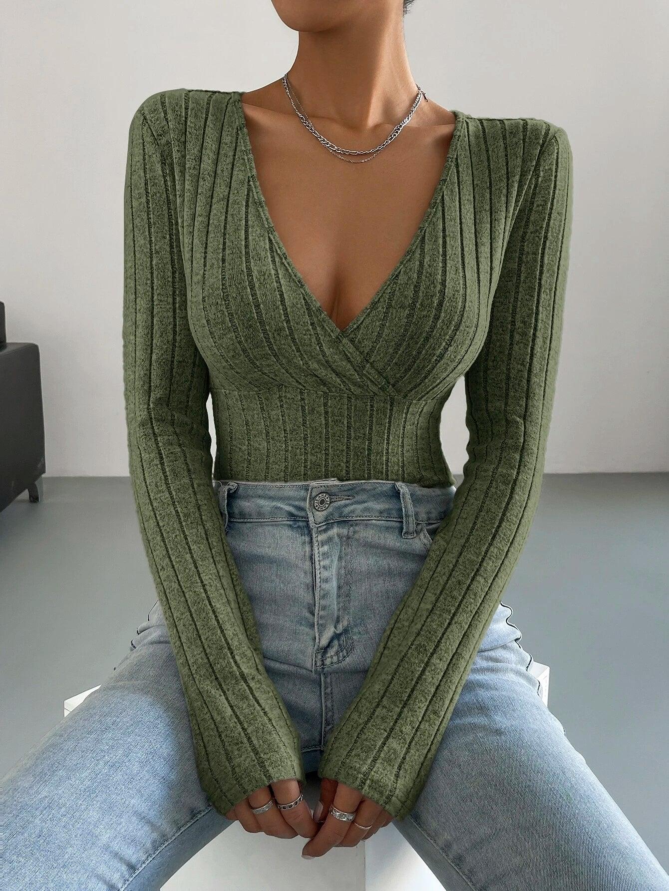 Surplice Neck Ribbed Knit Bodysuit-Comfy Jumpsuits