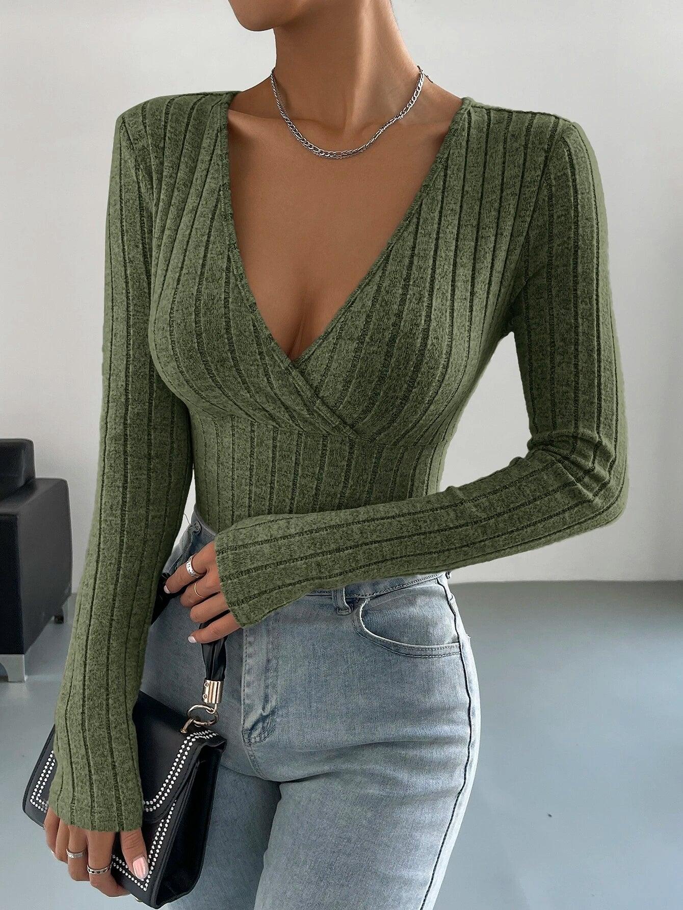 Surplice Neck Ribbed Knit Bodysuit-Comfy Jumpsuits