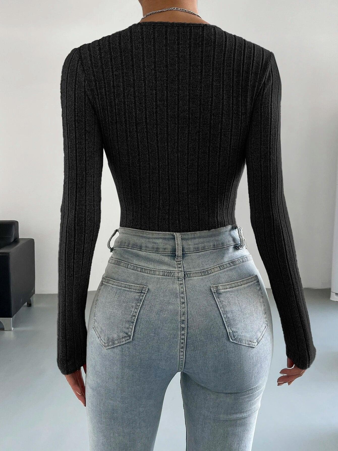 Surplice Neck Ribbed Knit Bodysuit-Comfy Jumpsuits