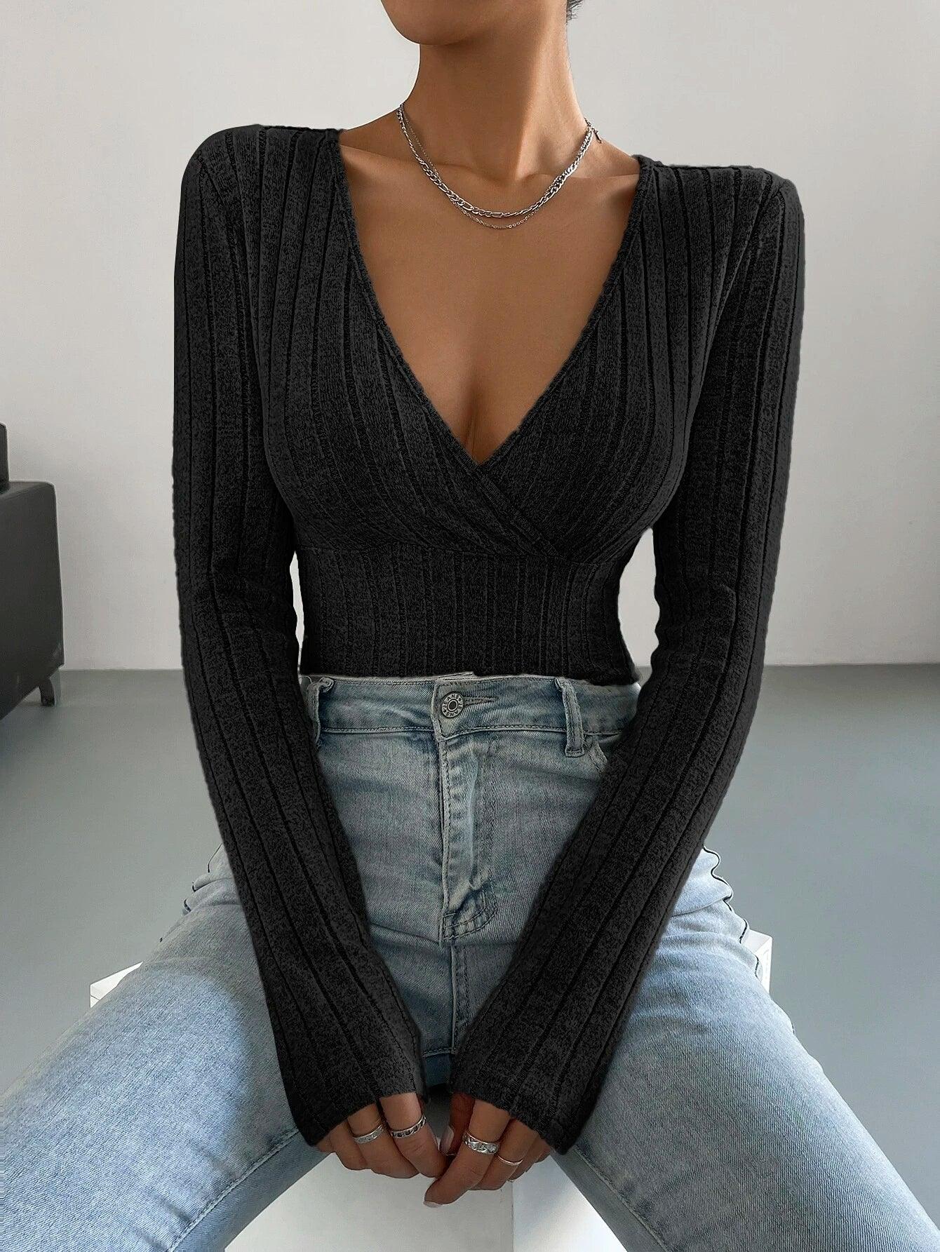 Surplice Neck Ribbed Knit Bodysuit-Comfy Jumpsuits