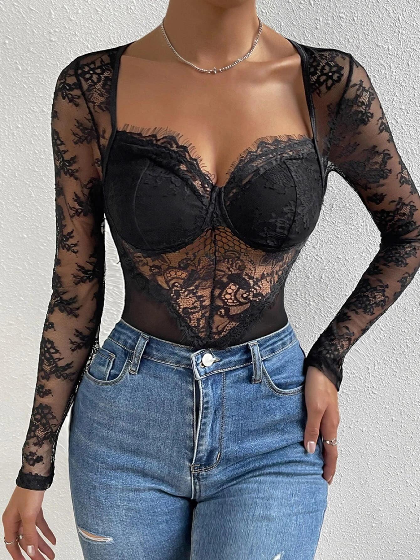 Long Sleeved Lace Bodysuit-Comfy Jumpsuits