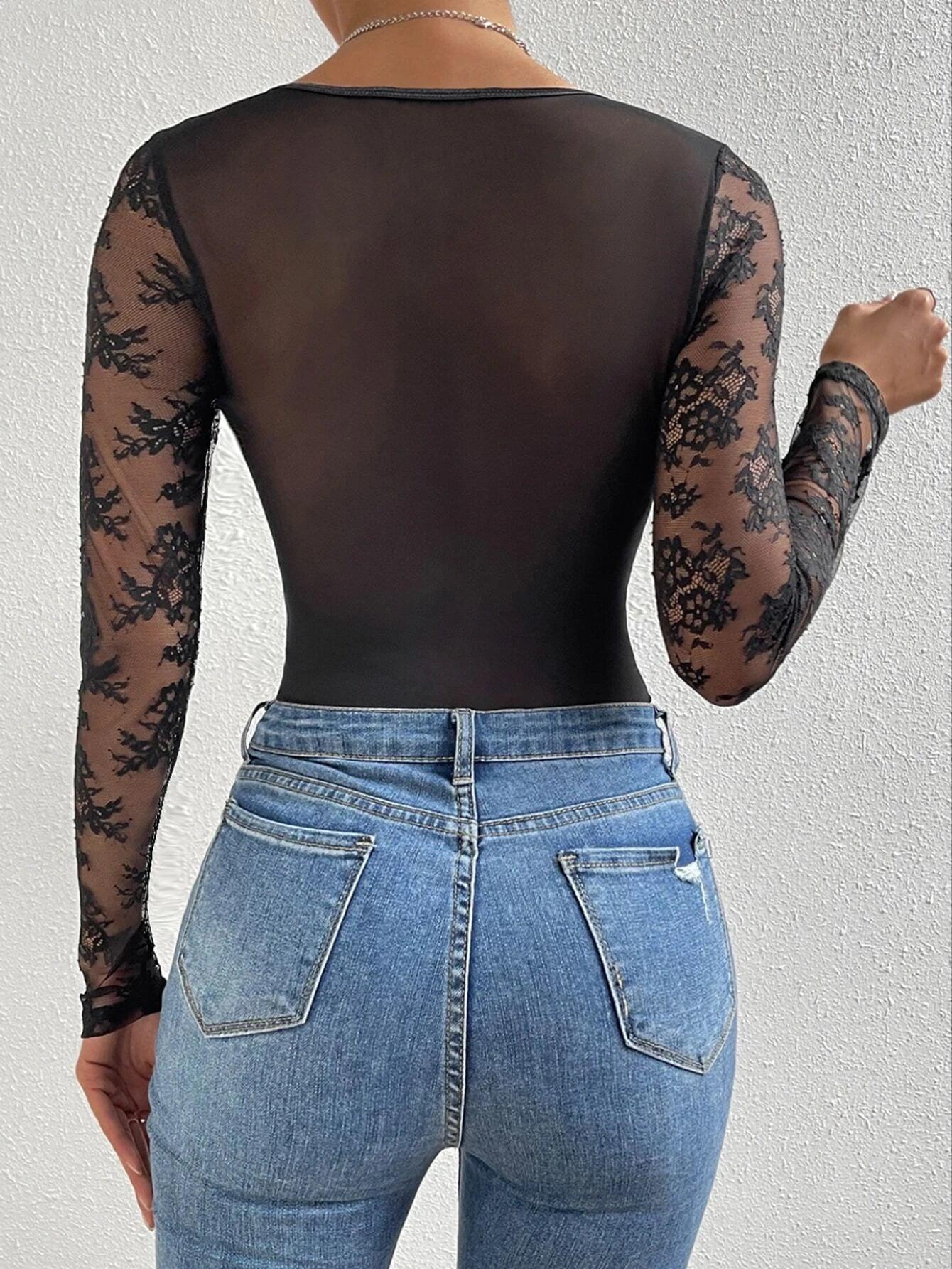 Long Sleeved Lace Bodysuit-Comfy Jumpsuits