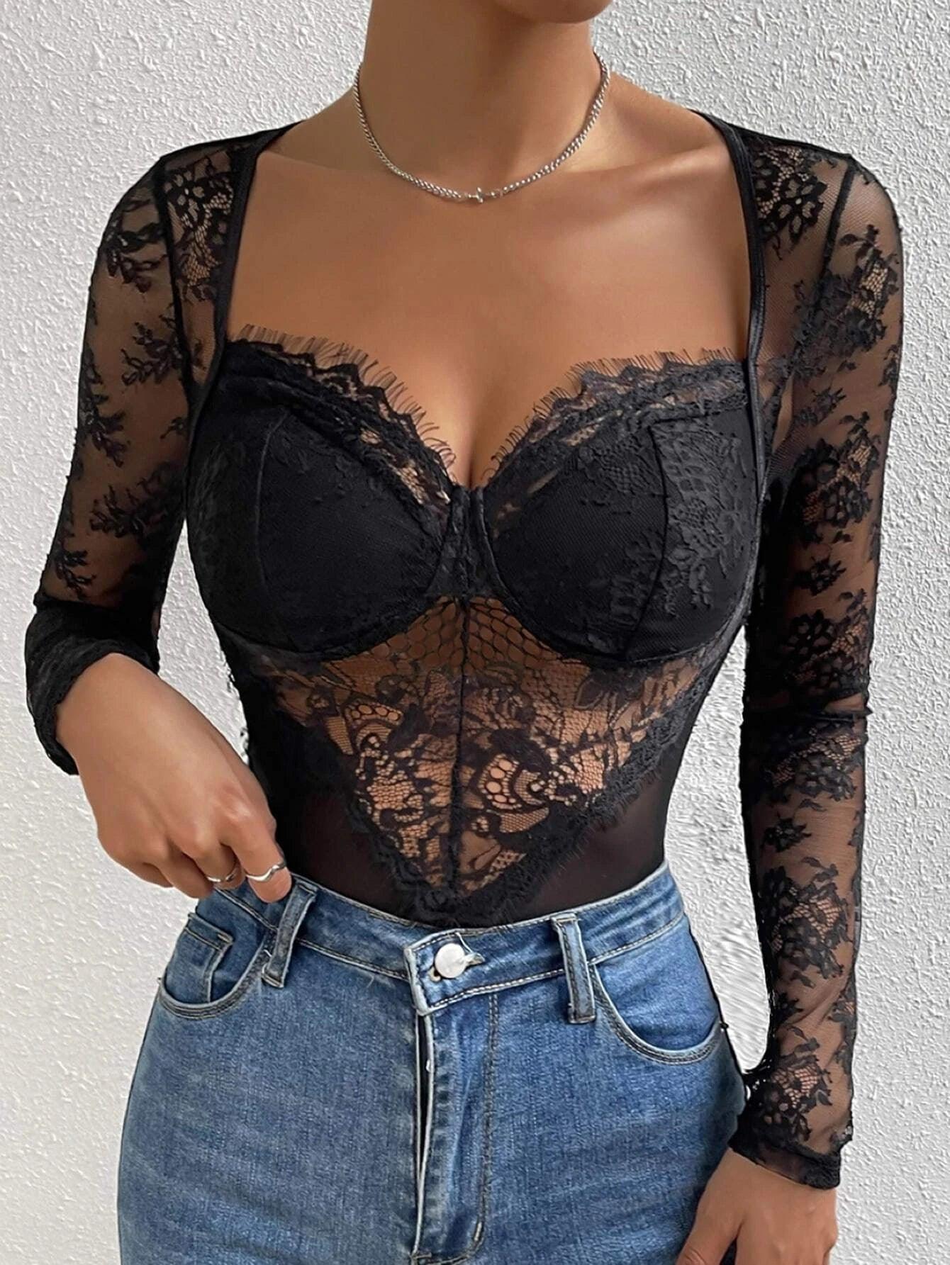 Long Sleeved Lace Bodysuit-Comfy Jumpsuits
