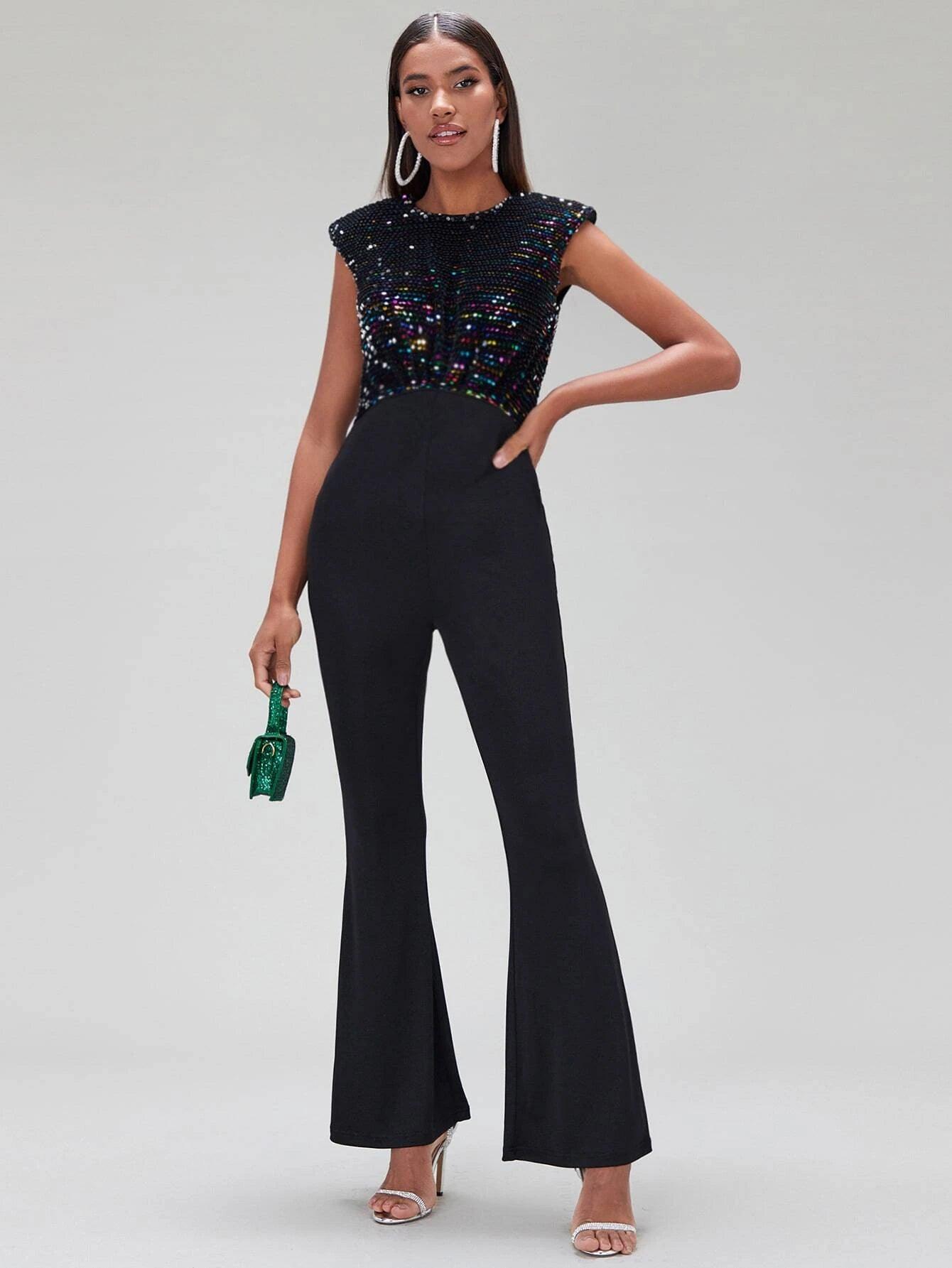 Contrast Sequin Flare Leg Jumpsuit-Comfy Jumpsuits