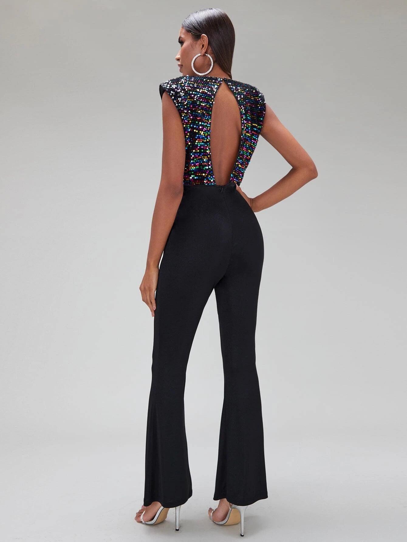 Contrast Sequin Flare Leg Jumpsuit-Comfy Jumpsuits