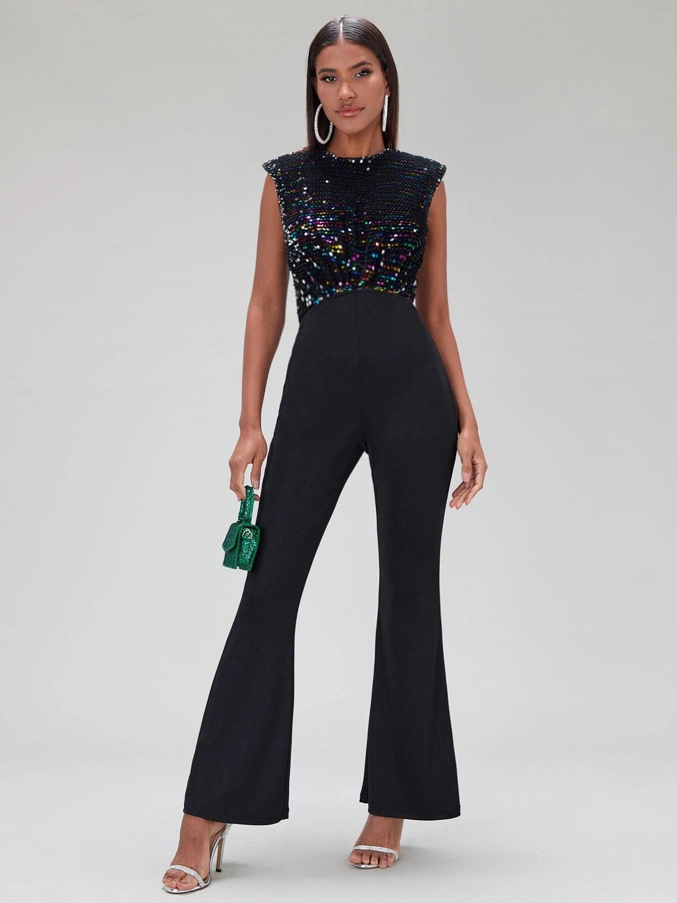 Contrast Sequin Flare Leg Jumpsuit-Comfy Jumpsuits