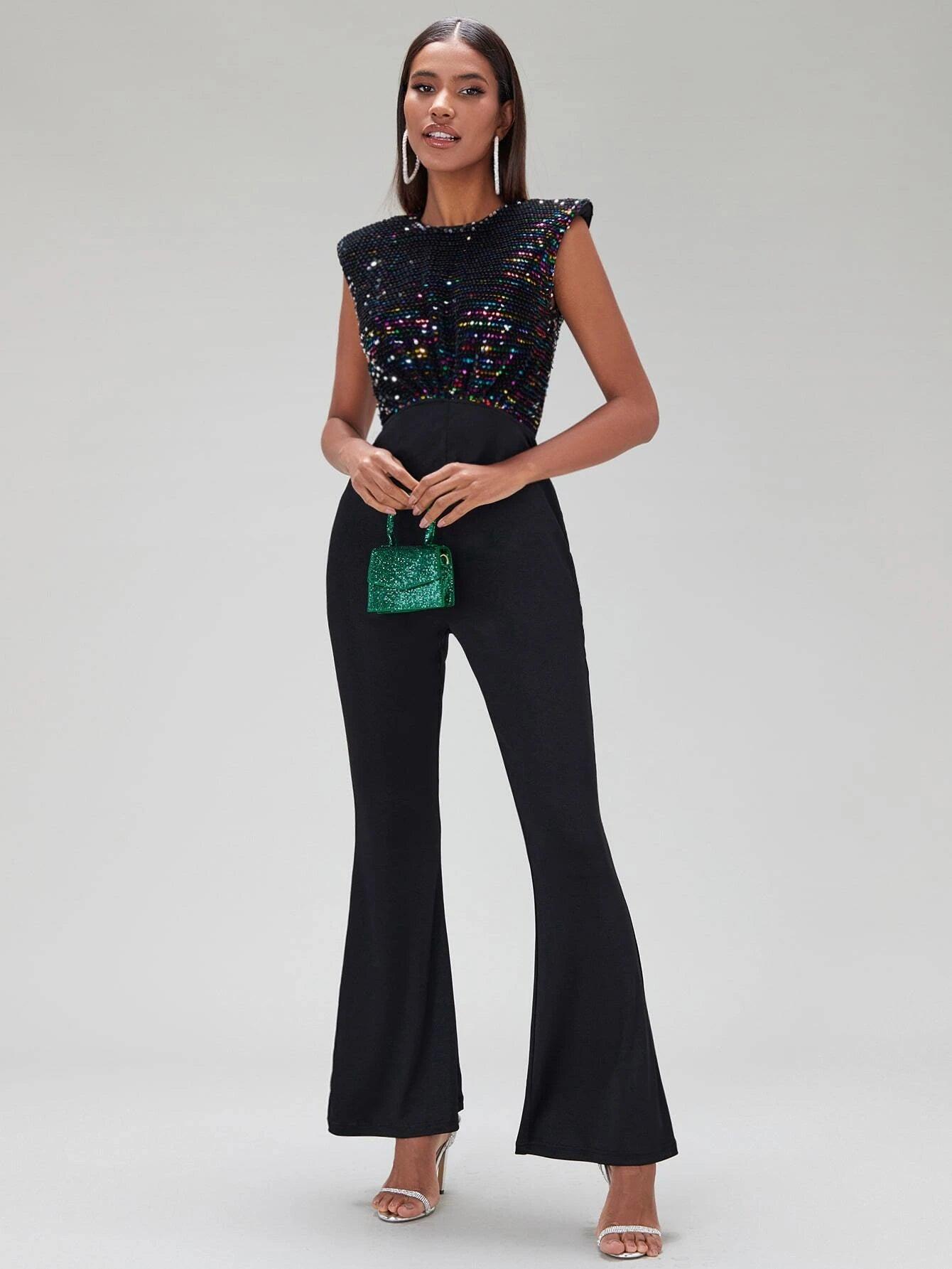 Contrast Sequin Flare Leg Jumpsuit-Comfy Jumpsuits