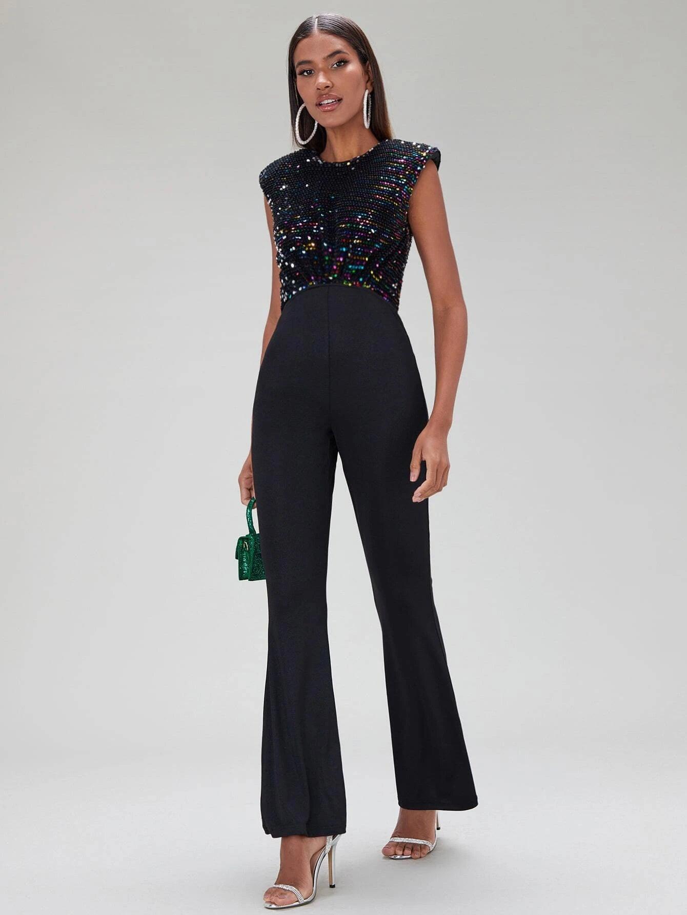 Contrast Sequin Flare Leg Jumpsuit-Comfy Jumpsuits