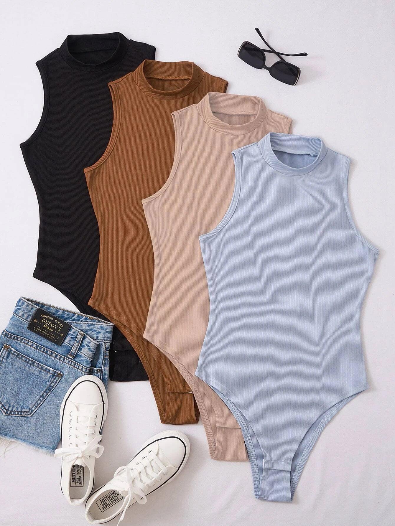 Mock Neck Rib Knit Bodysuit Four Set-Comfy Jumpsuits