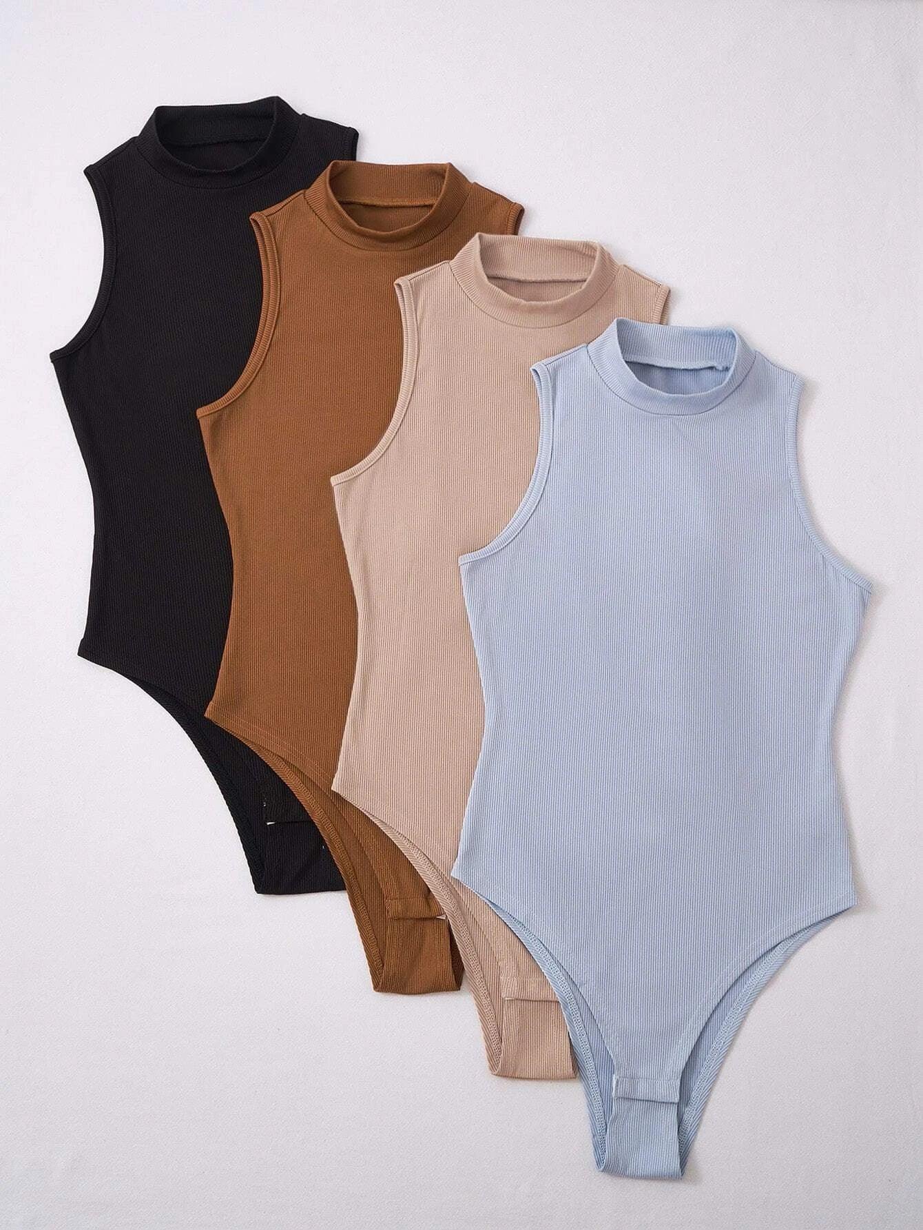 Mock Neck Rib Knit Bodysuit Four Set-Comfy Jumpsuits