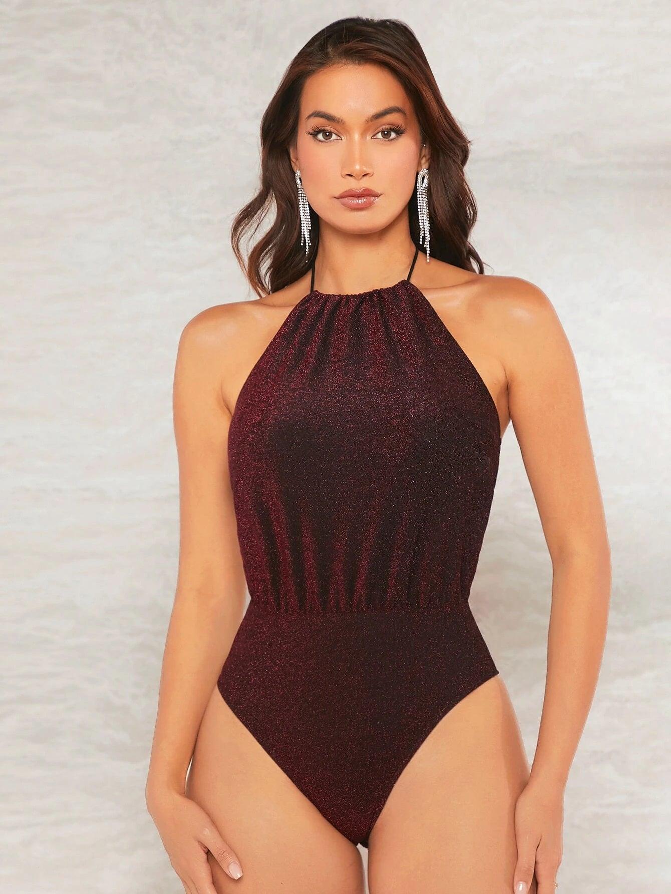 Tied Backless Glitter Halter Bodysuit-Comfy Jumpsuits