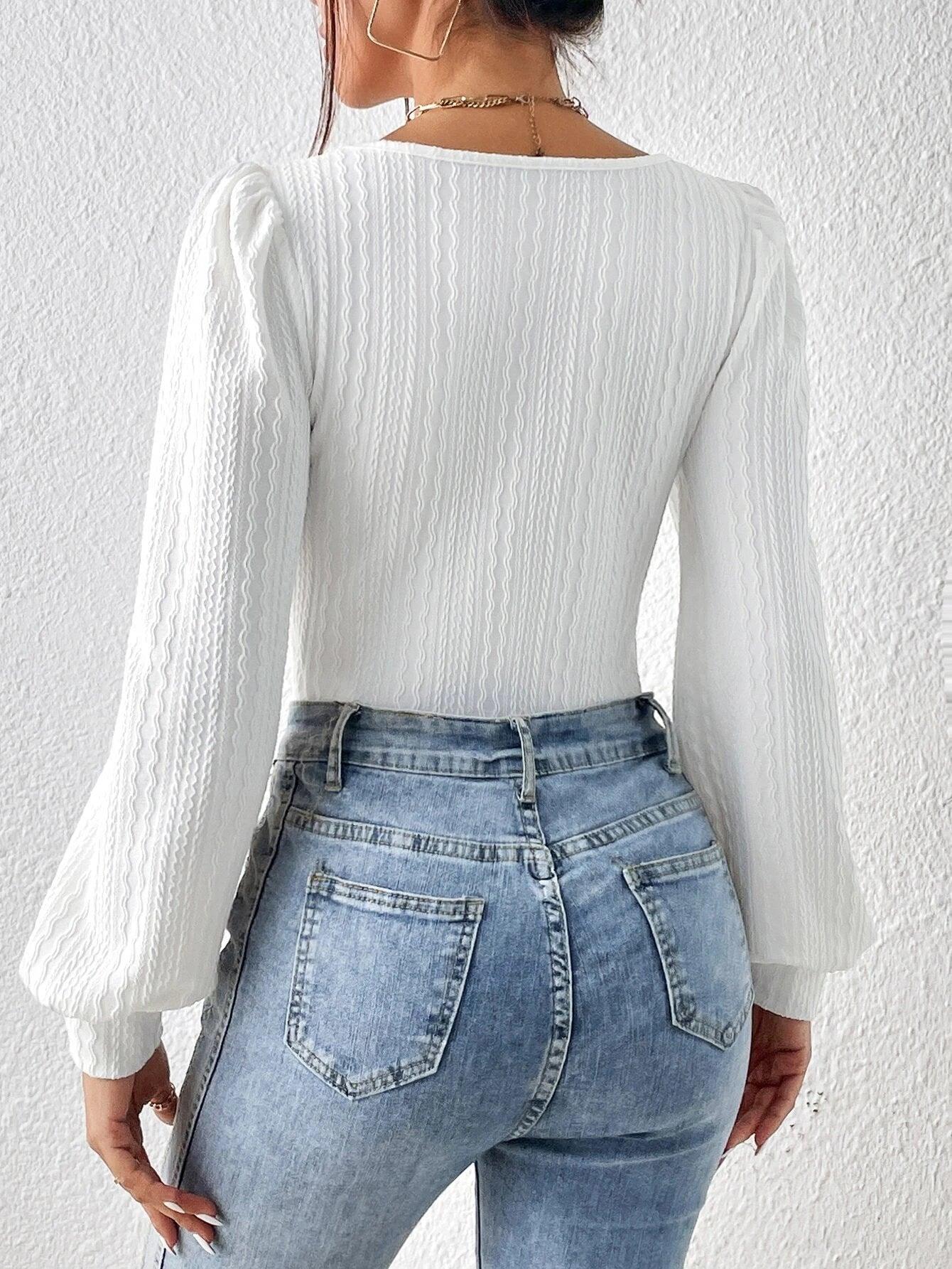 Scoop Neck Lantern Sleeve Bodysuit-Comfy Jumpsuits