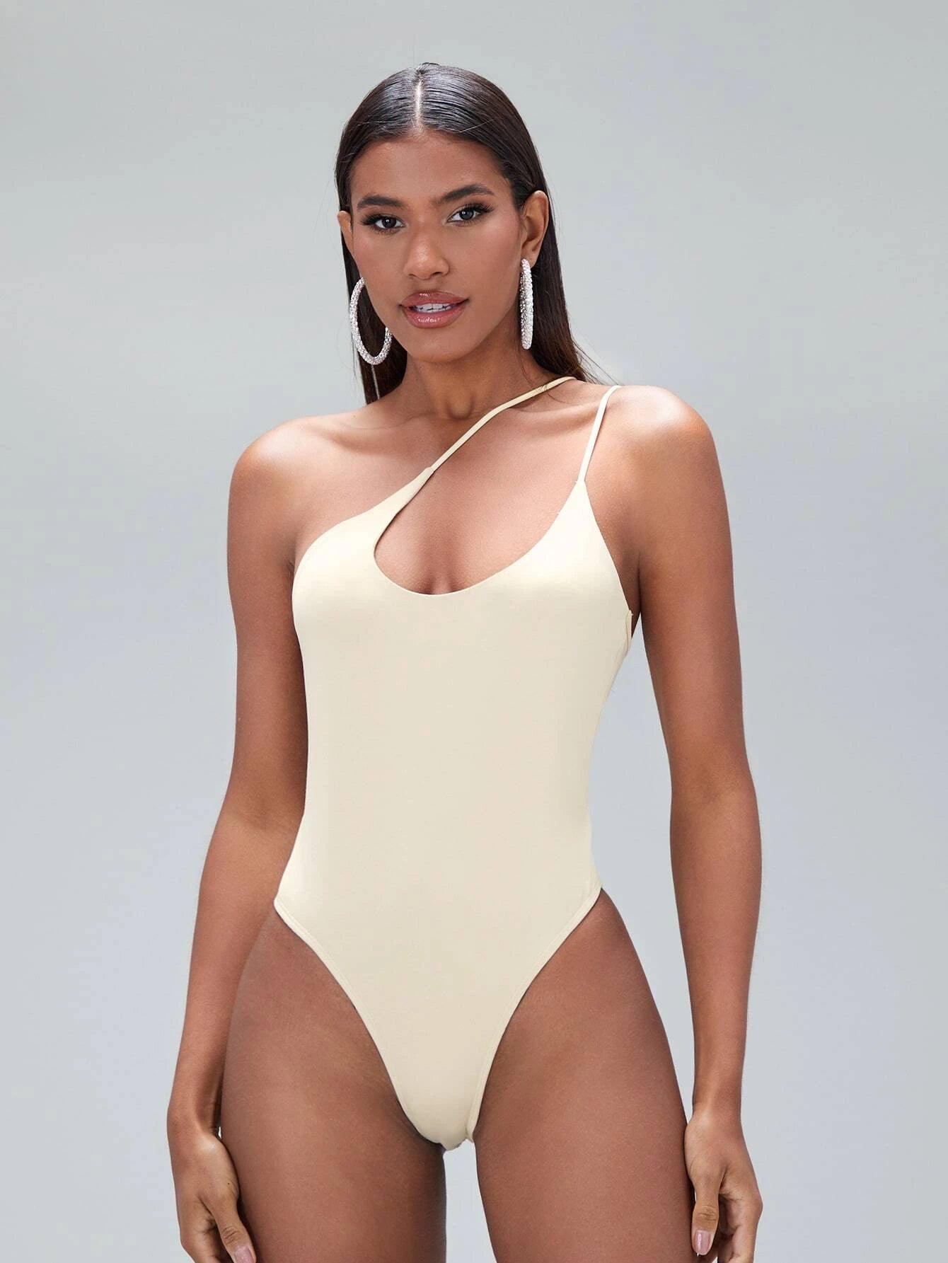 One Shoulder Solid Coloured Bodysuit-Comfy Jumpsuits