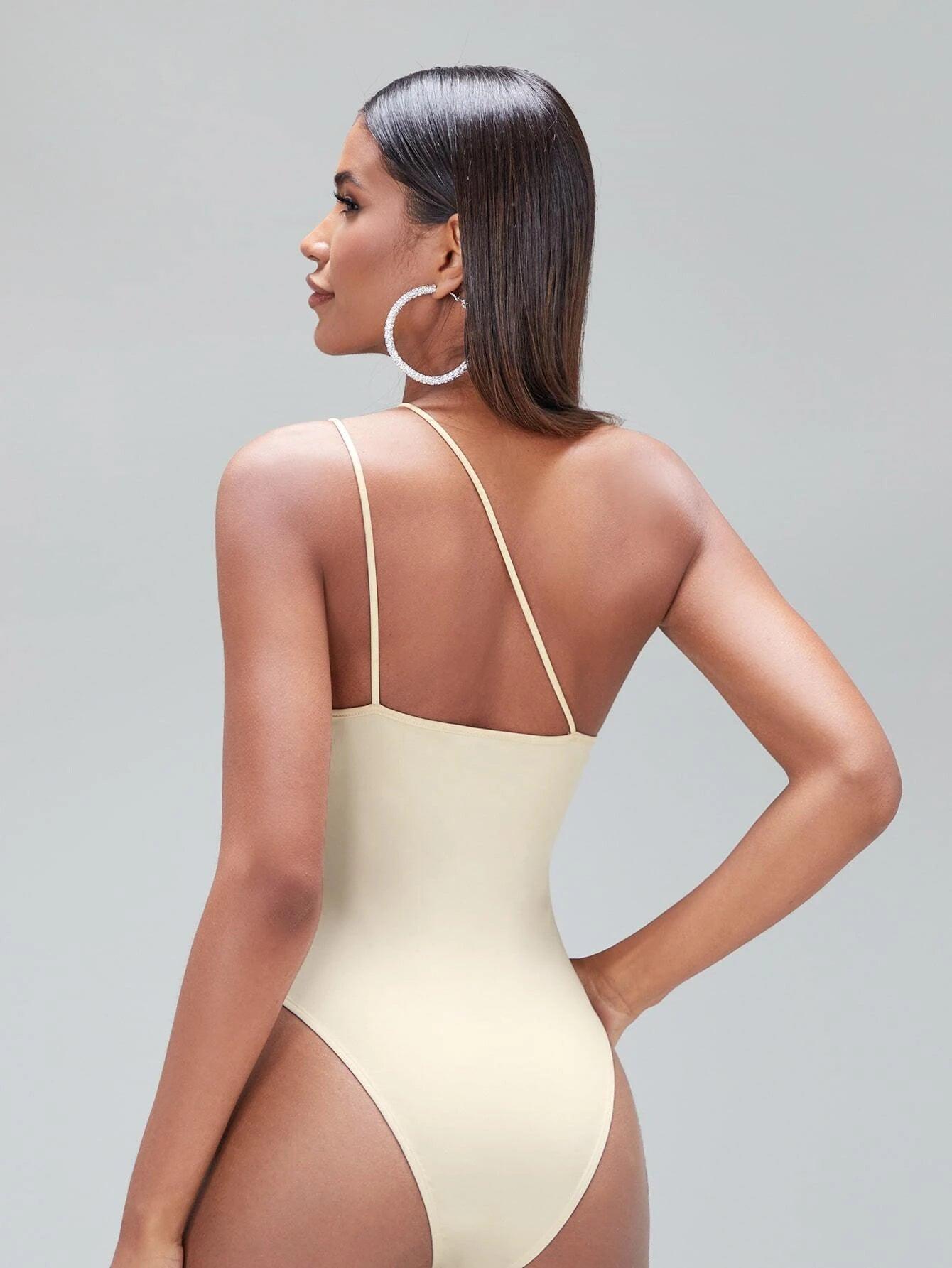 One Shoulder Solid Coloured Bodysuit-Comfy Jumpsuits