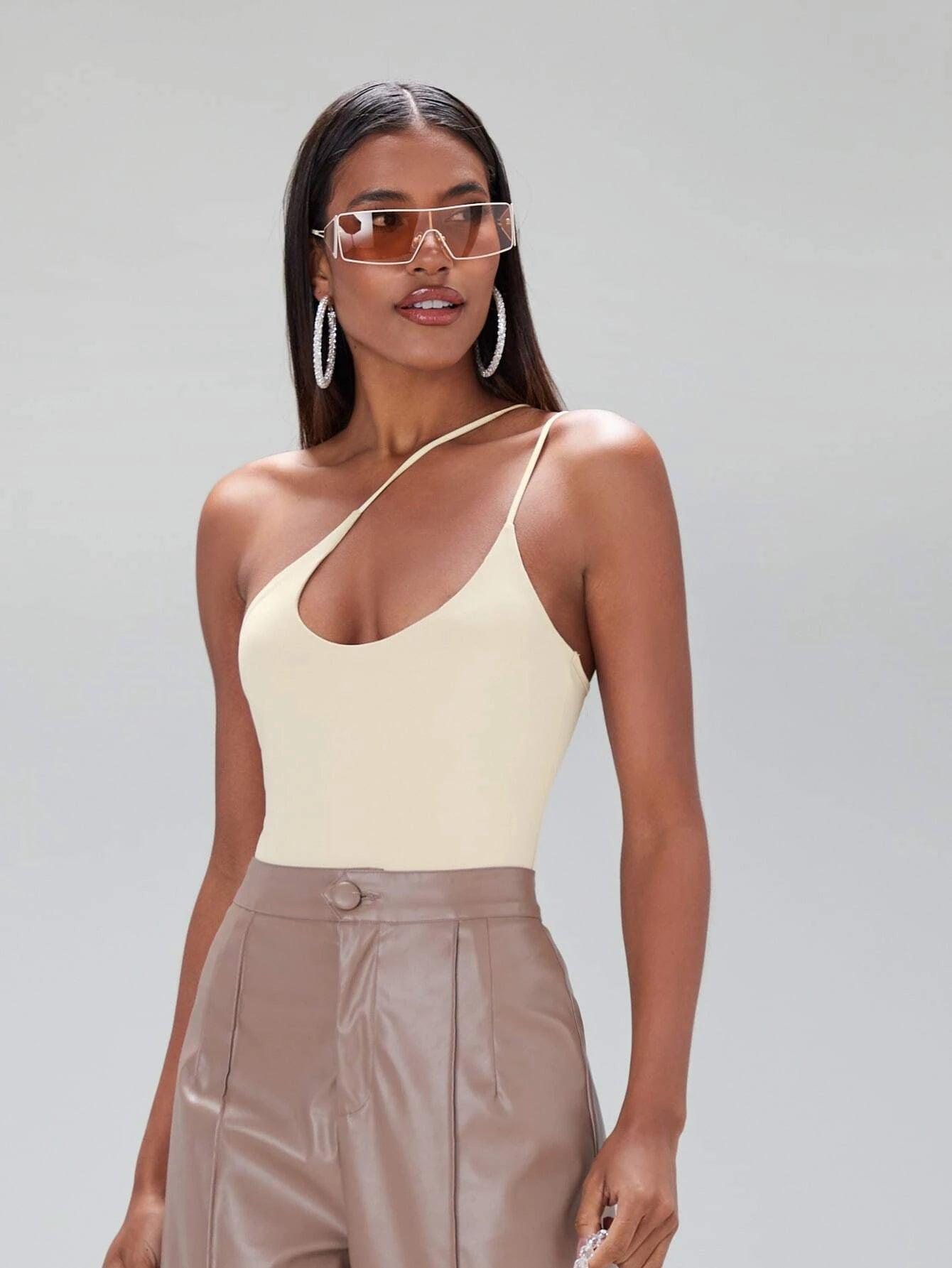 One Shoulder Solid Coloured Bodysuit-Comfy Jumpsuits