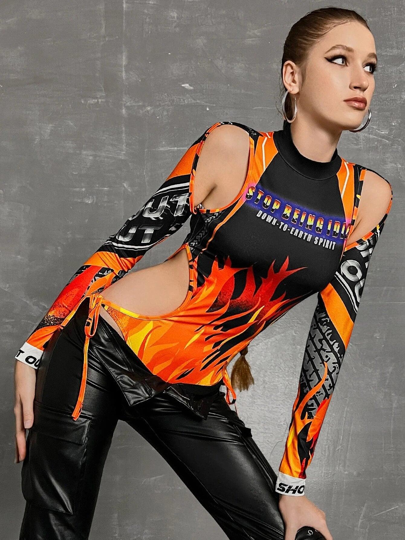 Bikercore Letter And Fire Print Bodysuit-Comfy Jumpsuits