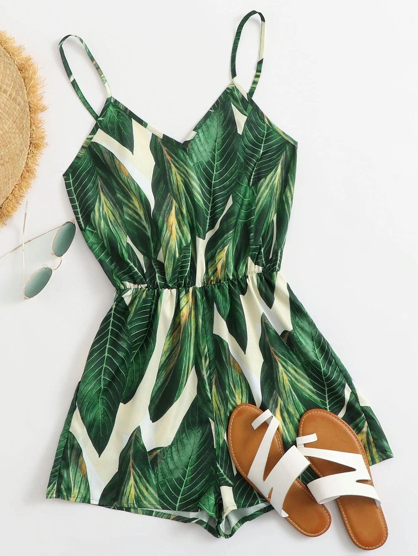 Short Tropical Print Slip Romper-Comfy Jumpsuits