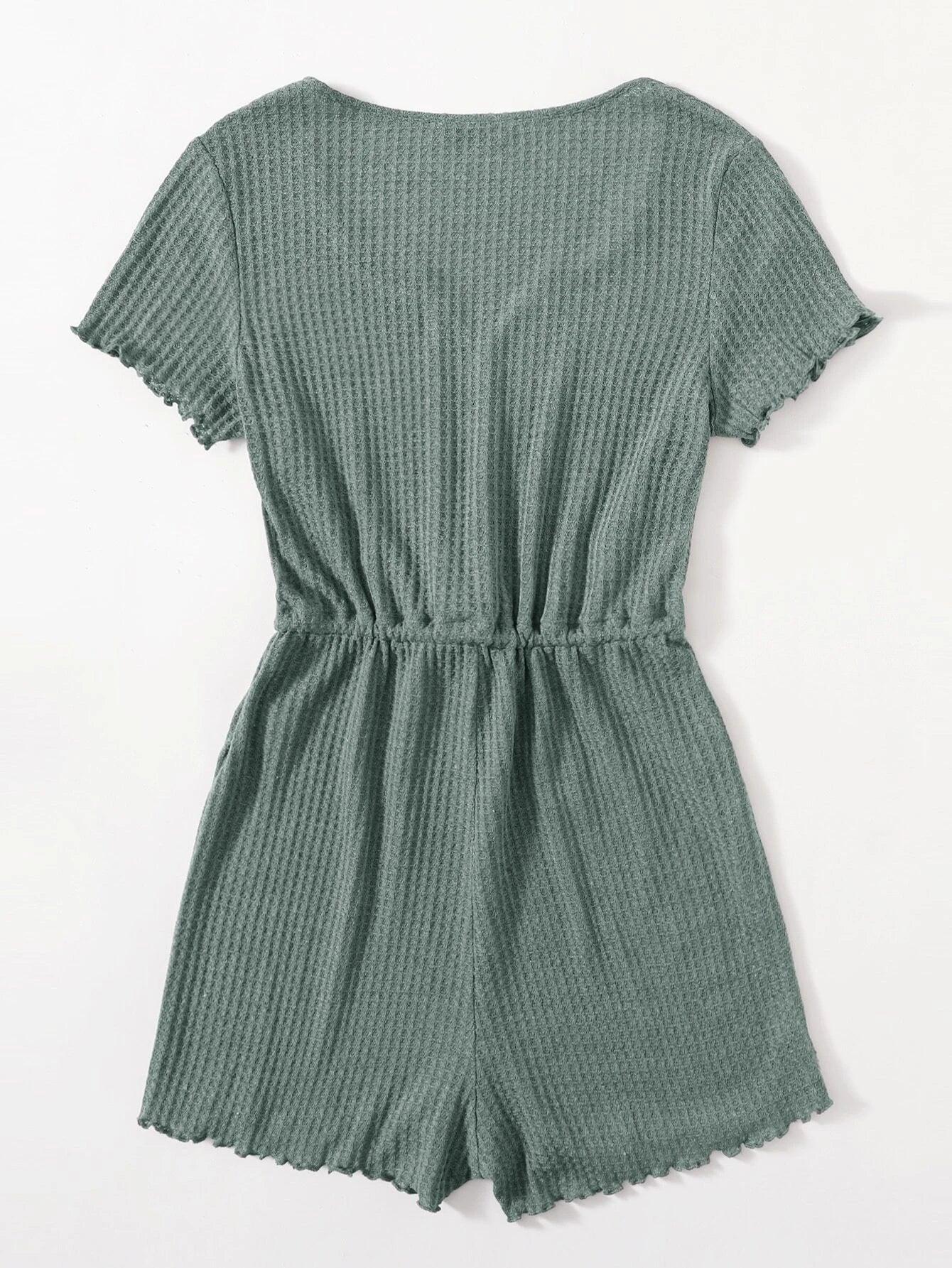 Notched Neck Lettuce Trim Romper-Comfy Jumpsuits